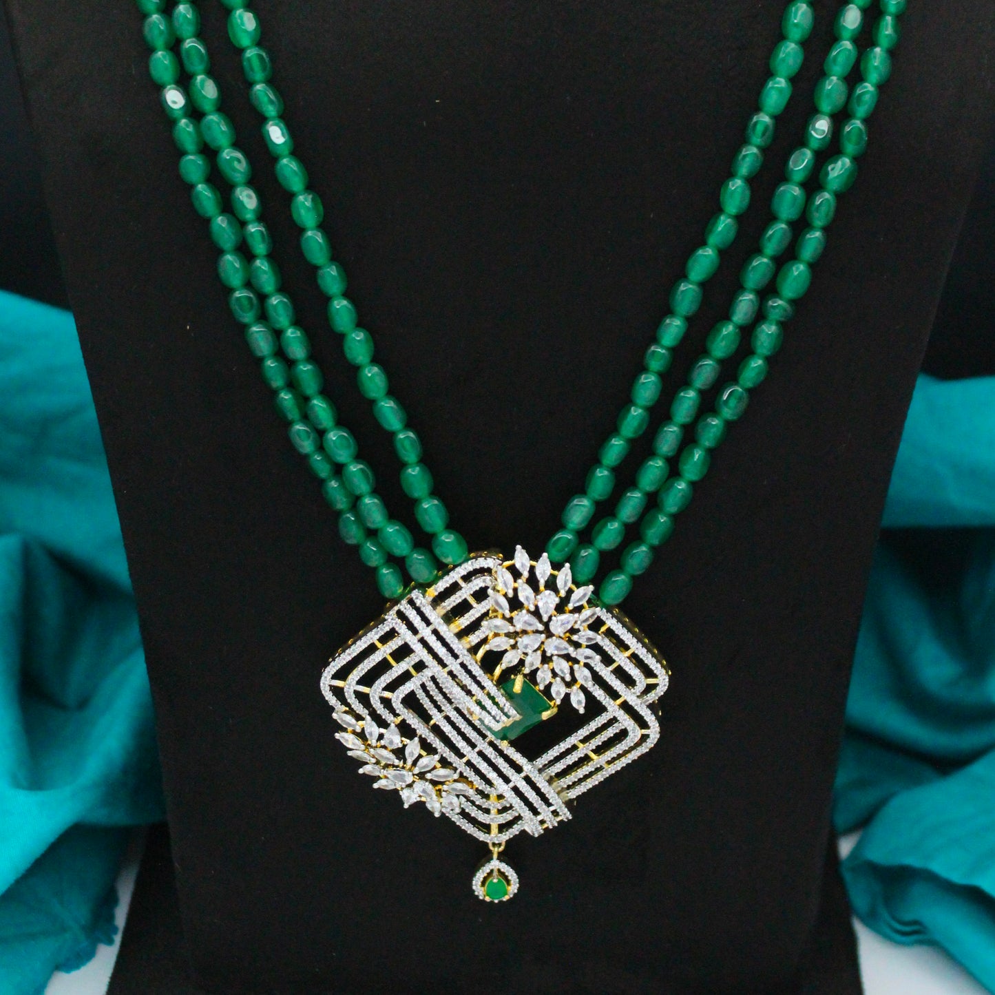 42810 3 Lines Green Beads Rani Haaram With Diamond Look Green Pendant Set