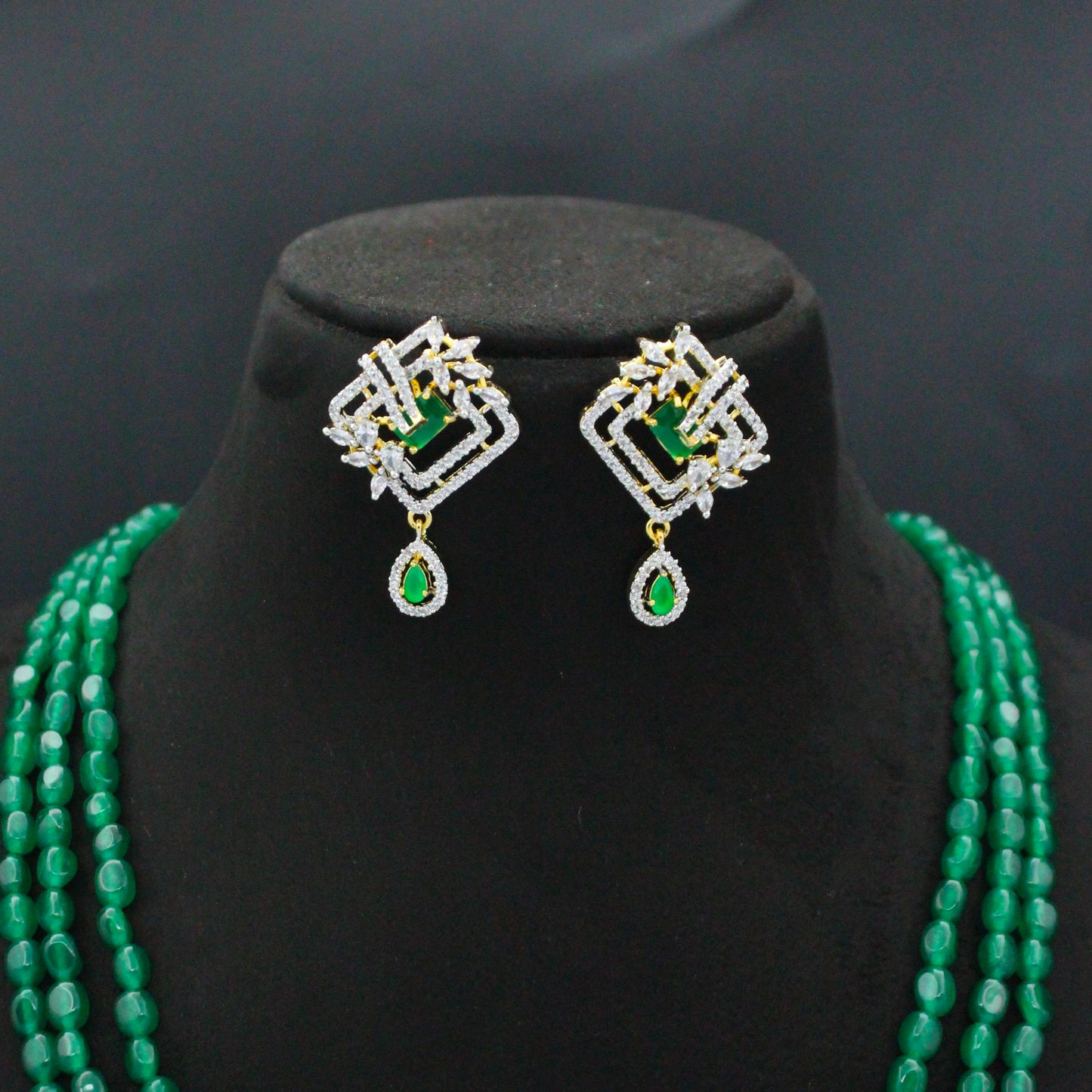 42810 3 Lines Green Beads Rani Haaram With Diamond Look Green Pendant Set