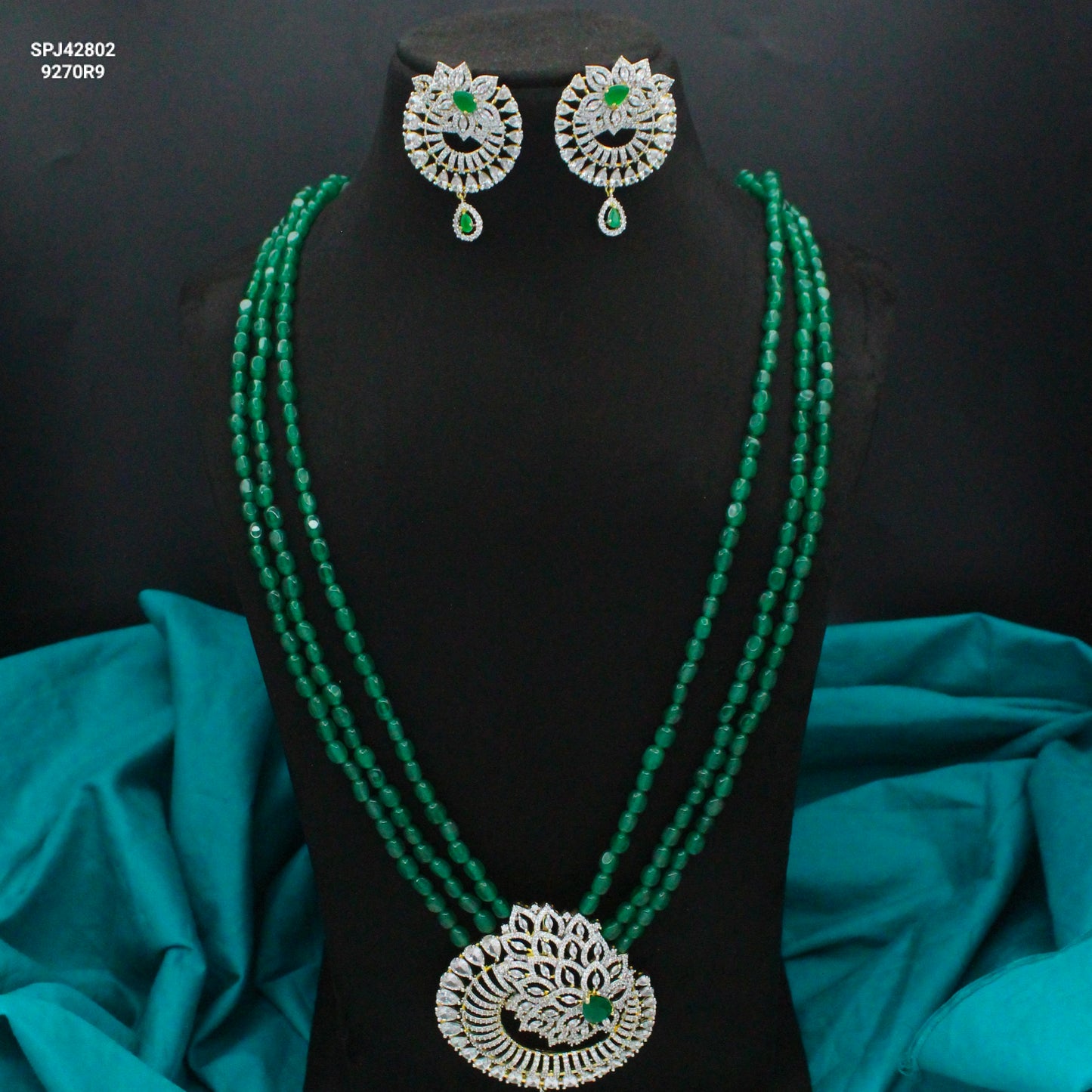 42802 3 Lines Green Beads Rani Haaram With Green GJ Pendant Set