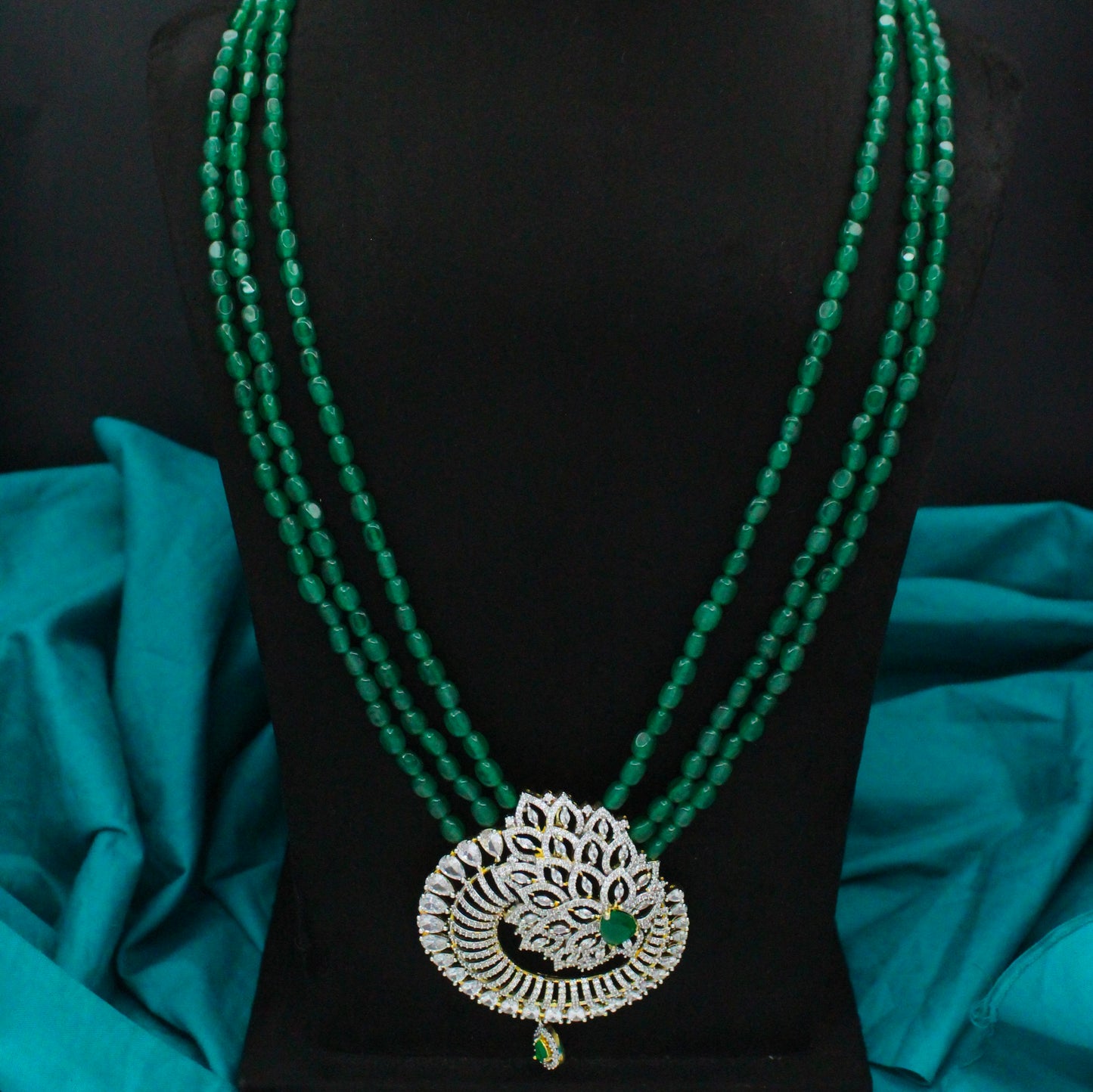 42802 3 Lines Green Beads Rani Haaram With Green GJ Pendant Set