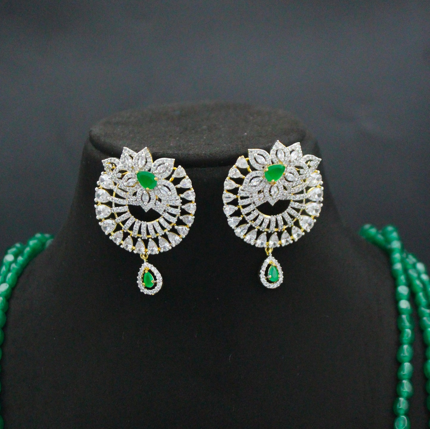 42802 3 Lines Green Beads Rani Haaram With Green GJ Pendant Set