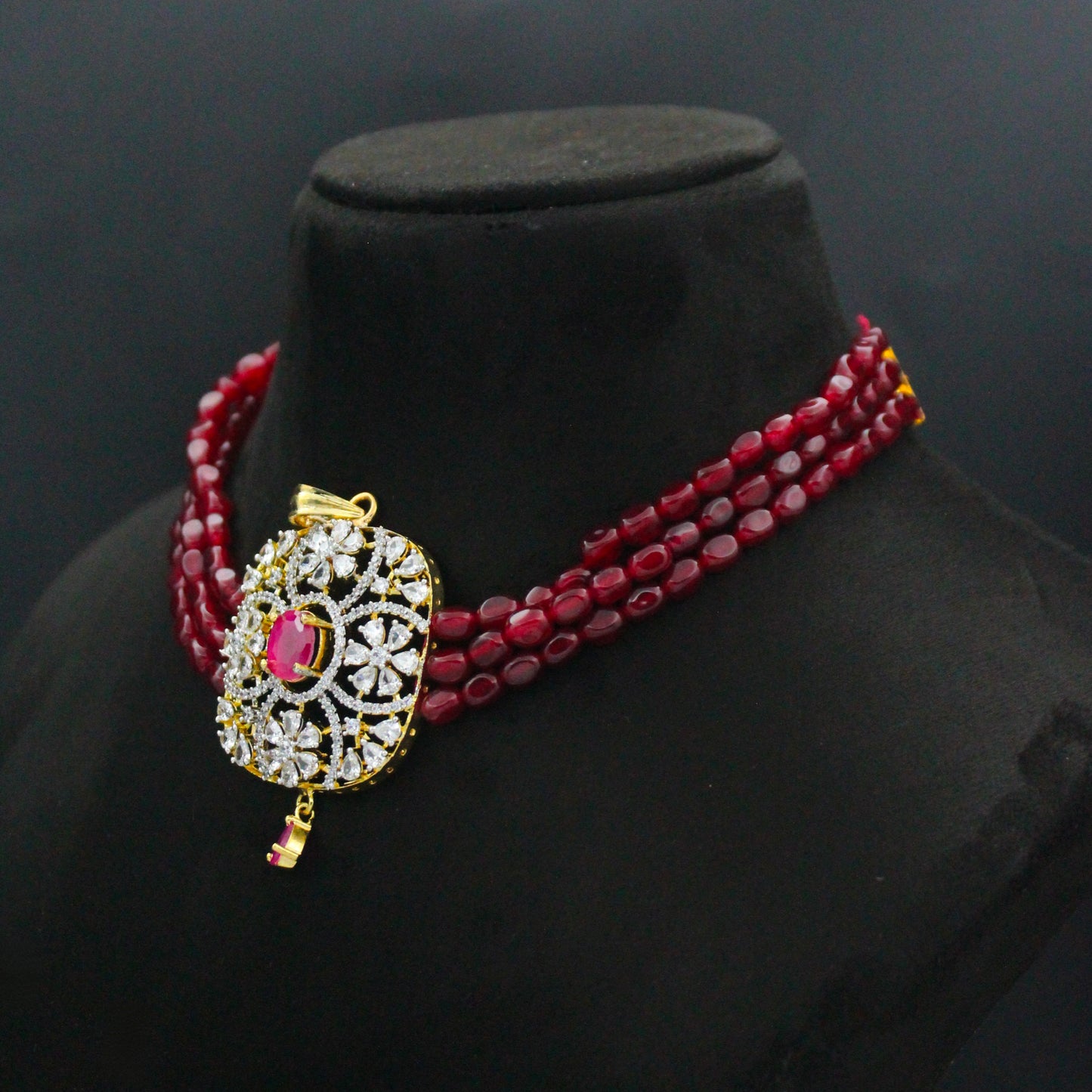 42807 3 Lines Red Beads Choker With Diamond Look Red Pendant Set