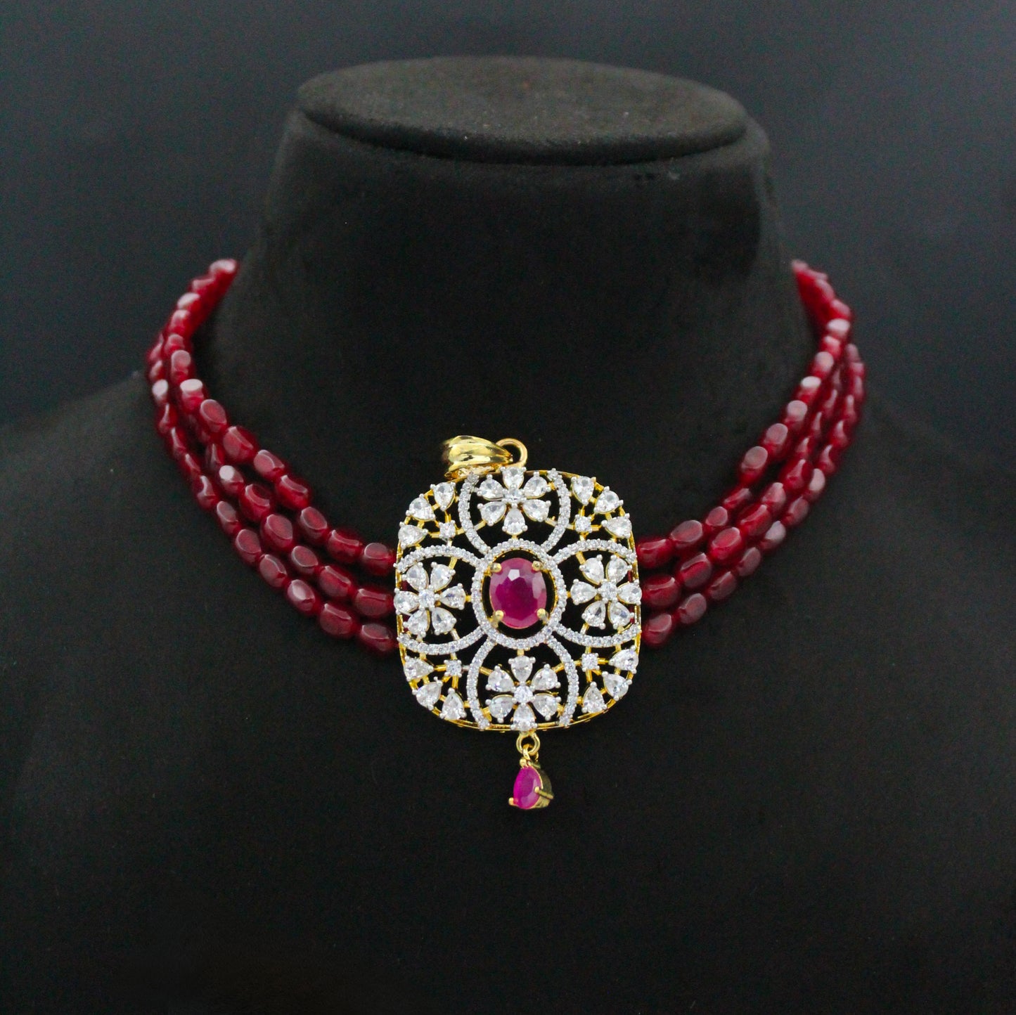 42807 3 Lines Red Beads Choker With Diamond Look Red Pendant Set
