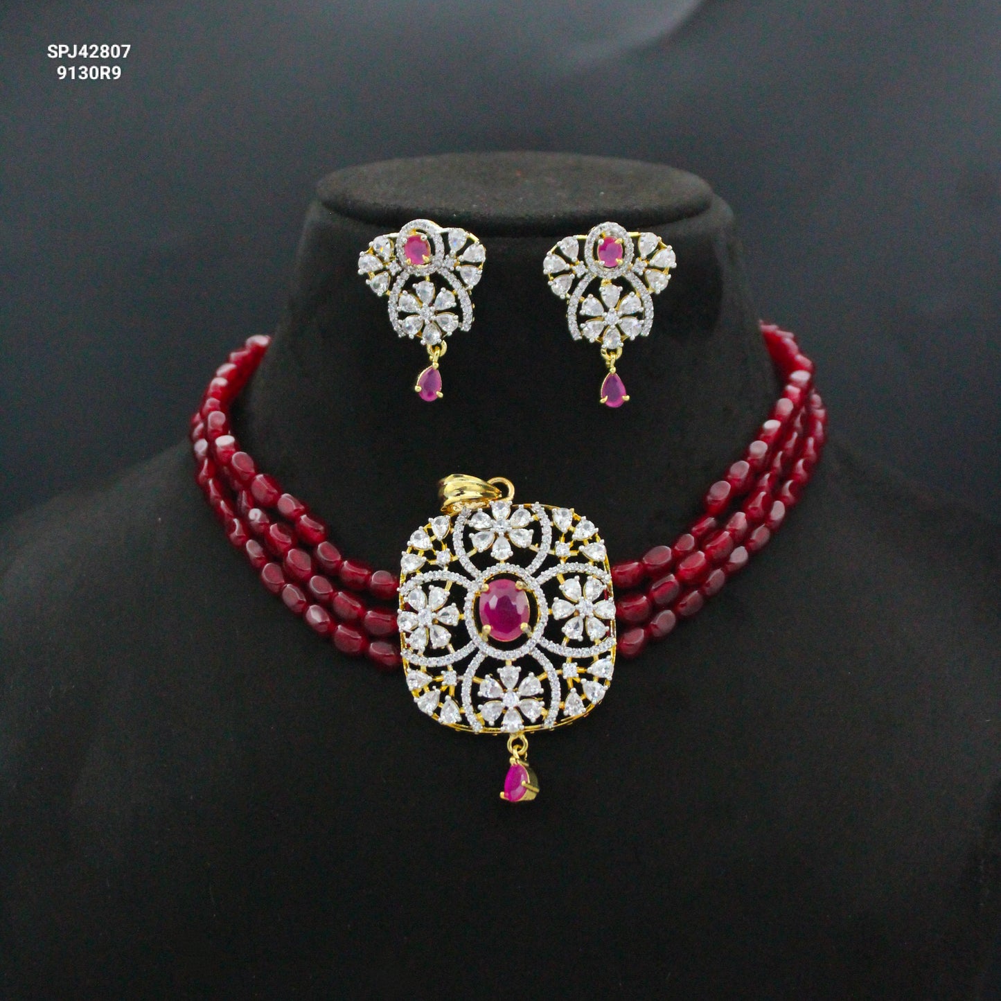 42807 3 Lines Red Beads Choker With Diamond Look Red Pendant Set