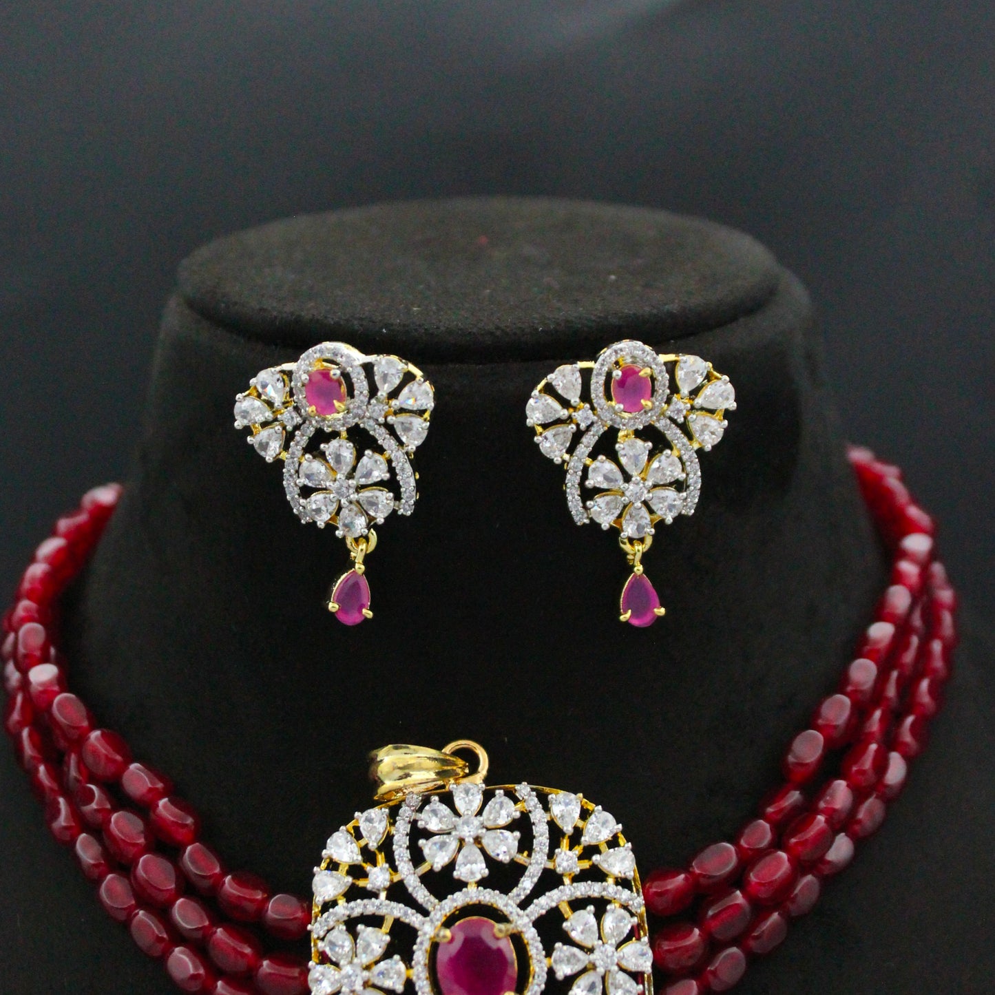 42807 3 Lines Red Beads Choker With Diamond Look Red Pendant Set