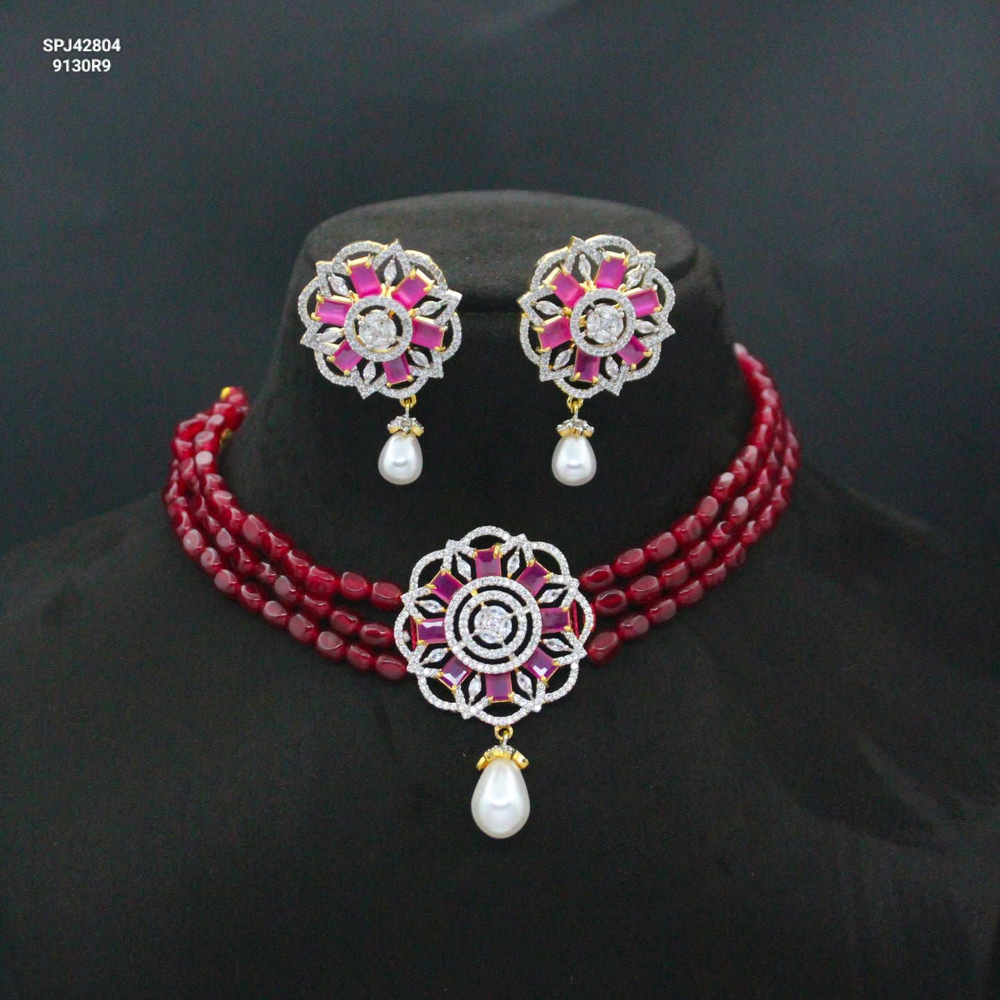 42804 3 Lines Red Beads Choker With GJ Red Pendant Set