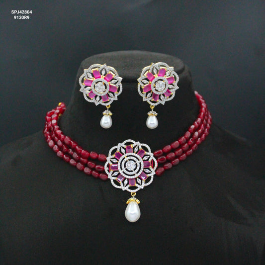 42804 3 Lines Red Beads Choker With GJ Red Pendant Set