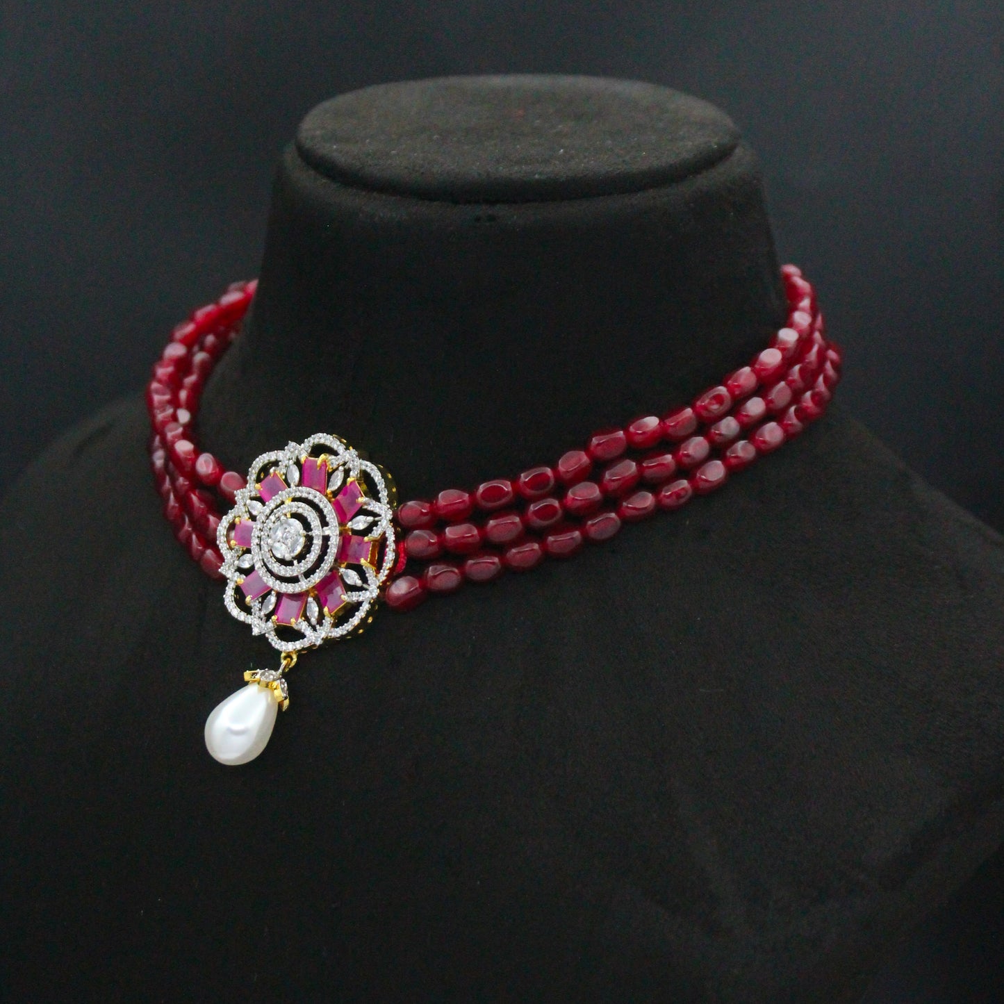 42804 3 Lines Red Beads Choker With GJ Red Pendant Set