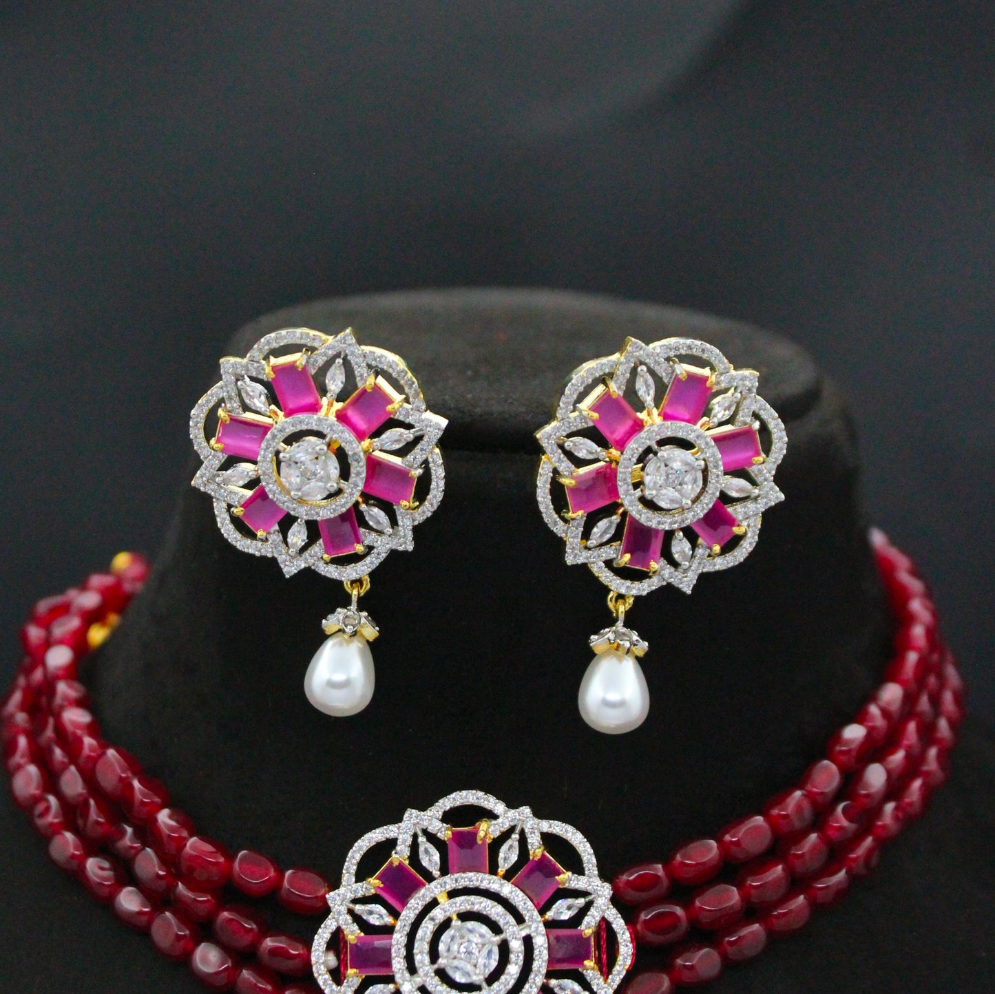 42804 3 Lines Red Beads Choker With GJ Red Pendant Set