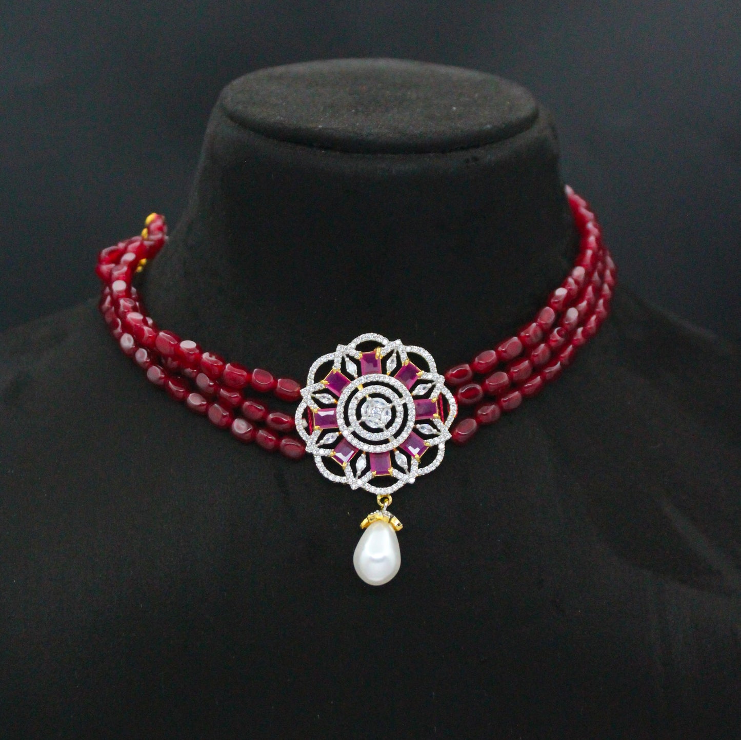 42804 3 Lines Red Beads Choker With GJ Red Pendant Set