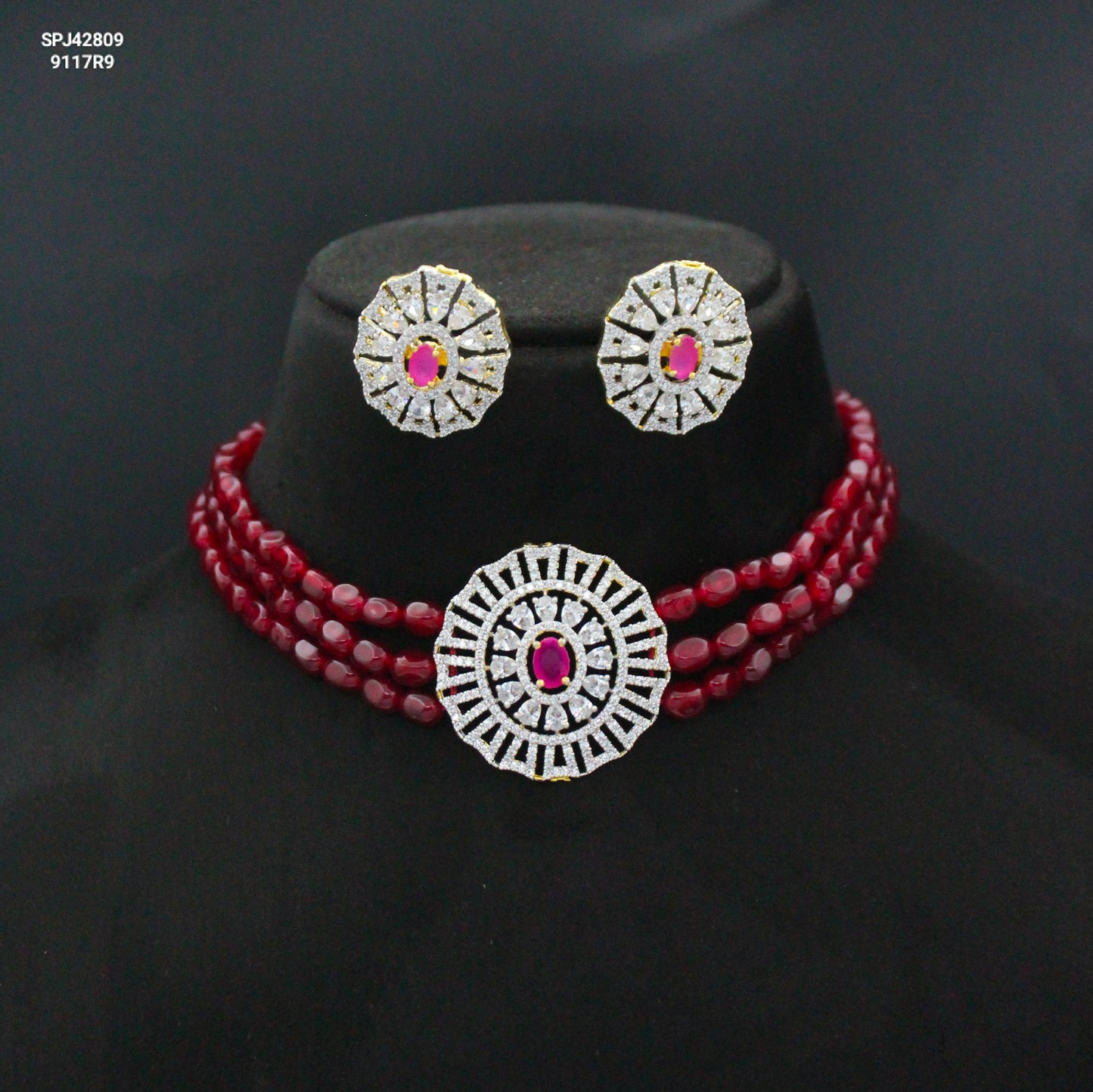 42809 3 Lines Red Beads Choker With Diamond Look Red Pendant Set