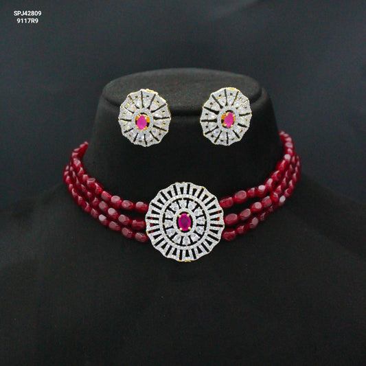 42809 3 Lines Red Beads Choker With Diamond Look Red Pendant Set