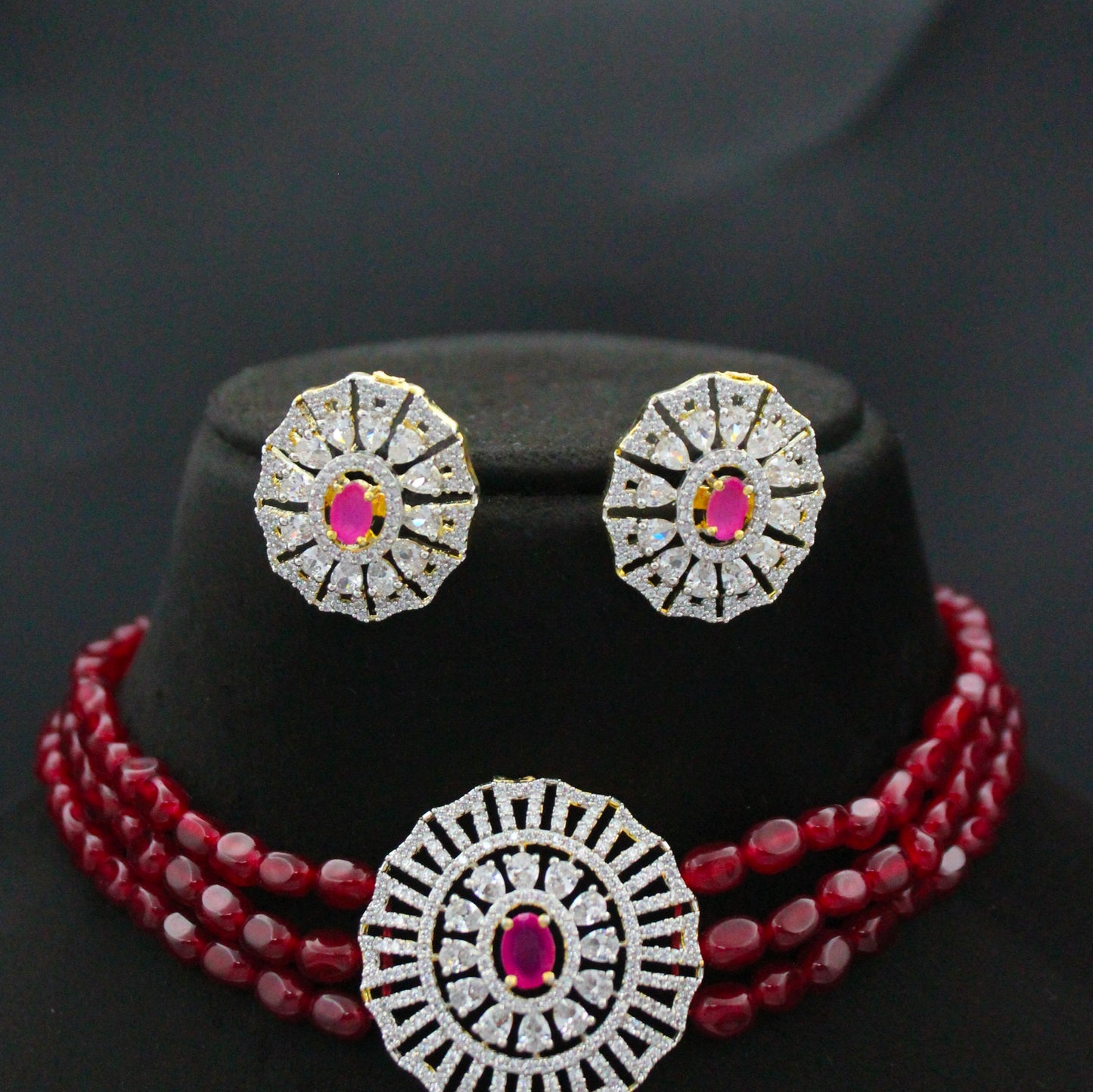 42809 3 Lines Red Beads Choker With Diamond Look Red Pendant Set