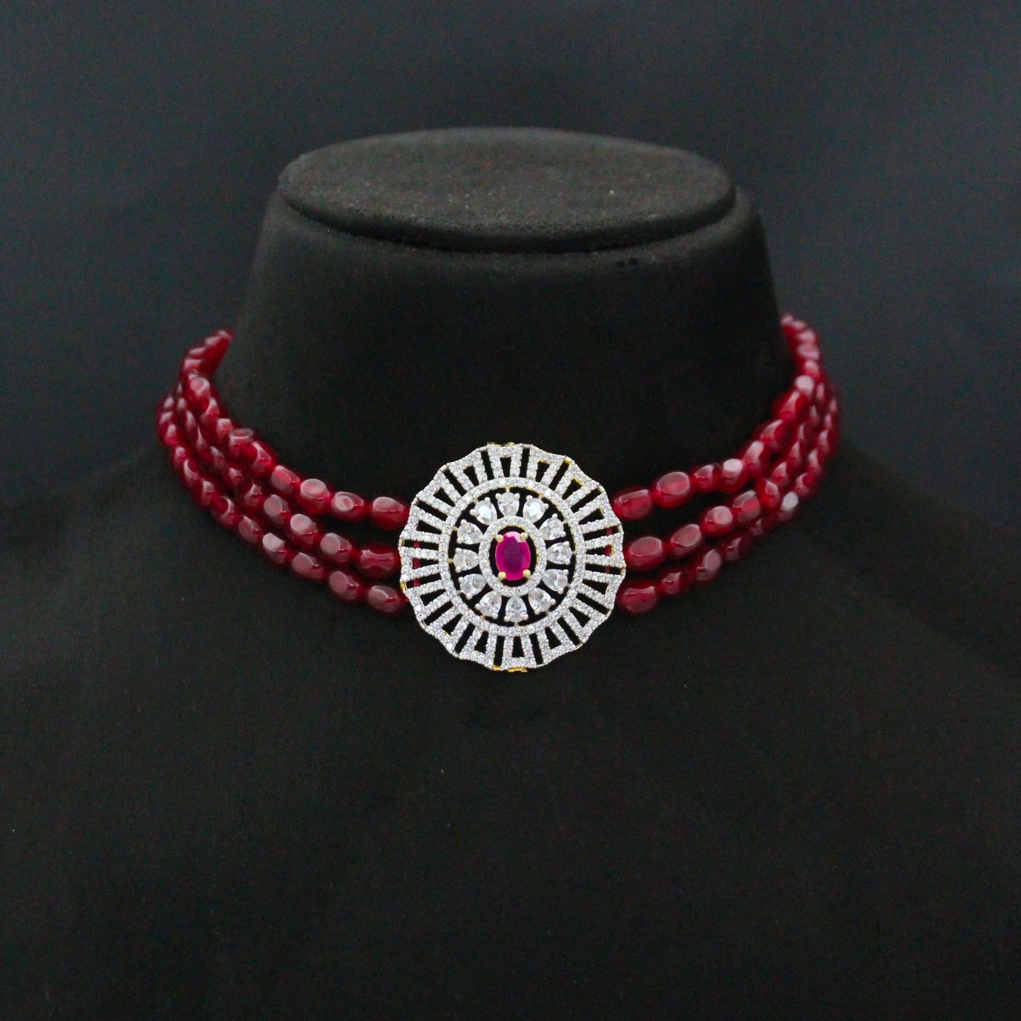 42809 3 Lines Red Beads Choker With Diamond Look Red Pendant Set