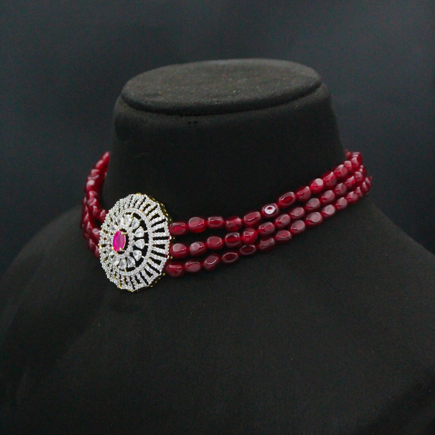 42809 3 Lines Red Beads Choker With Diamond Look Red Pendant Set