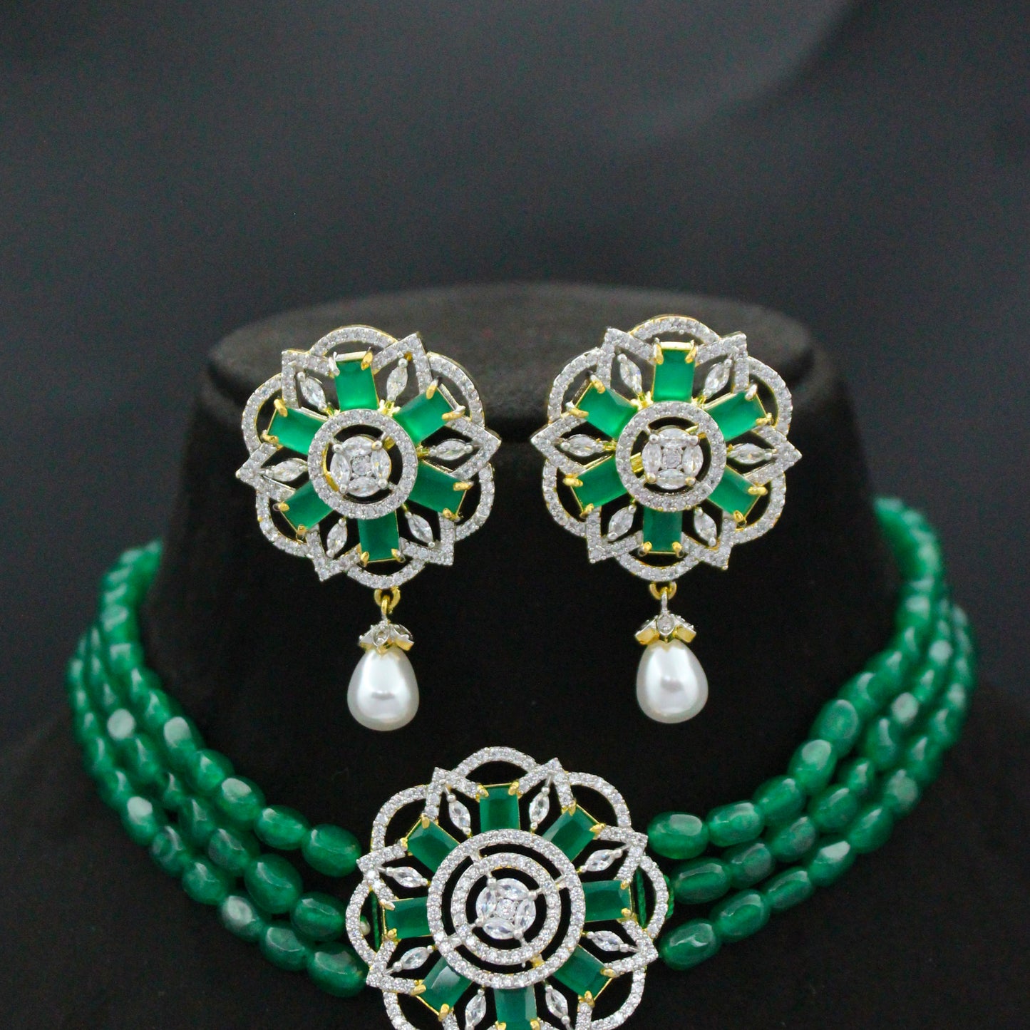 42805 3 Lines Green Beads Choker With Diamond Look Green Pendant Set
