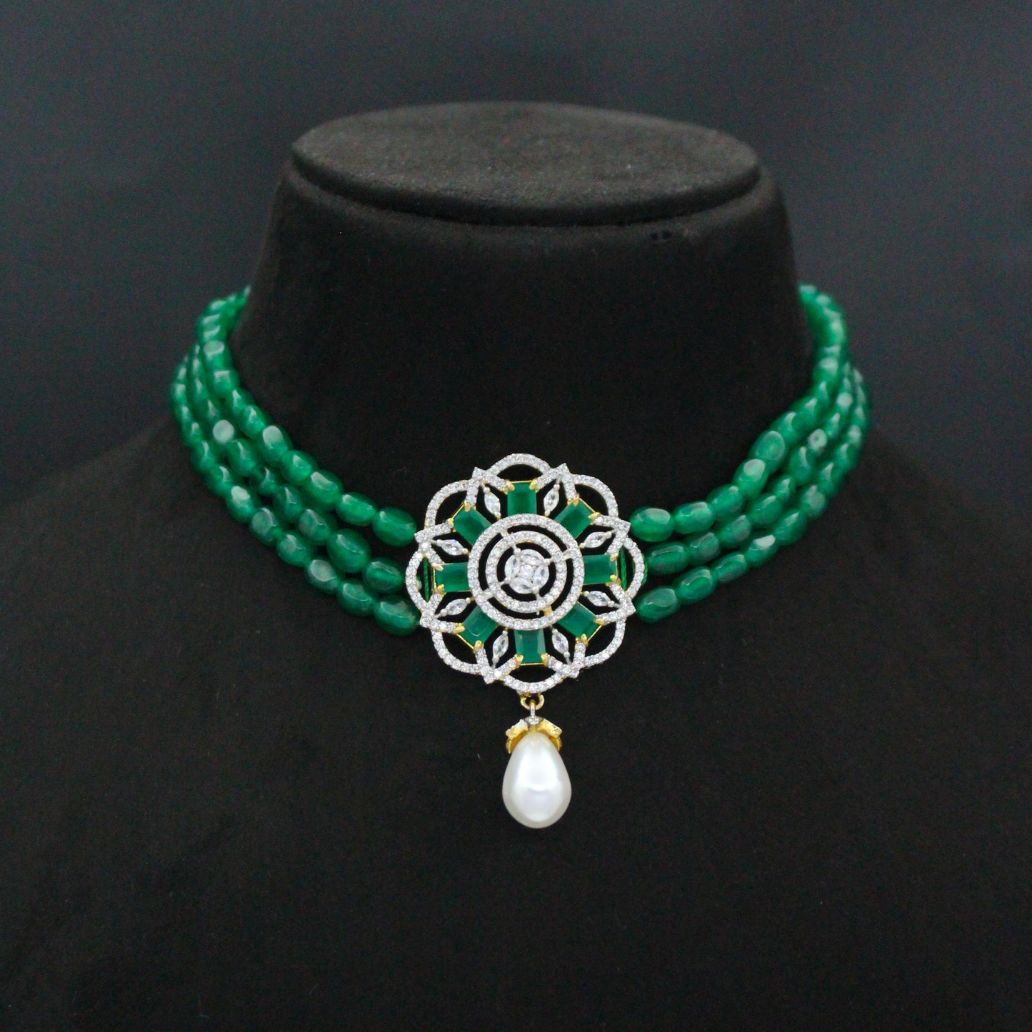 42805 3 Lines Green Beads Choker With Diamond Look Green Pendant Set