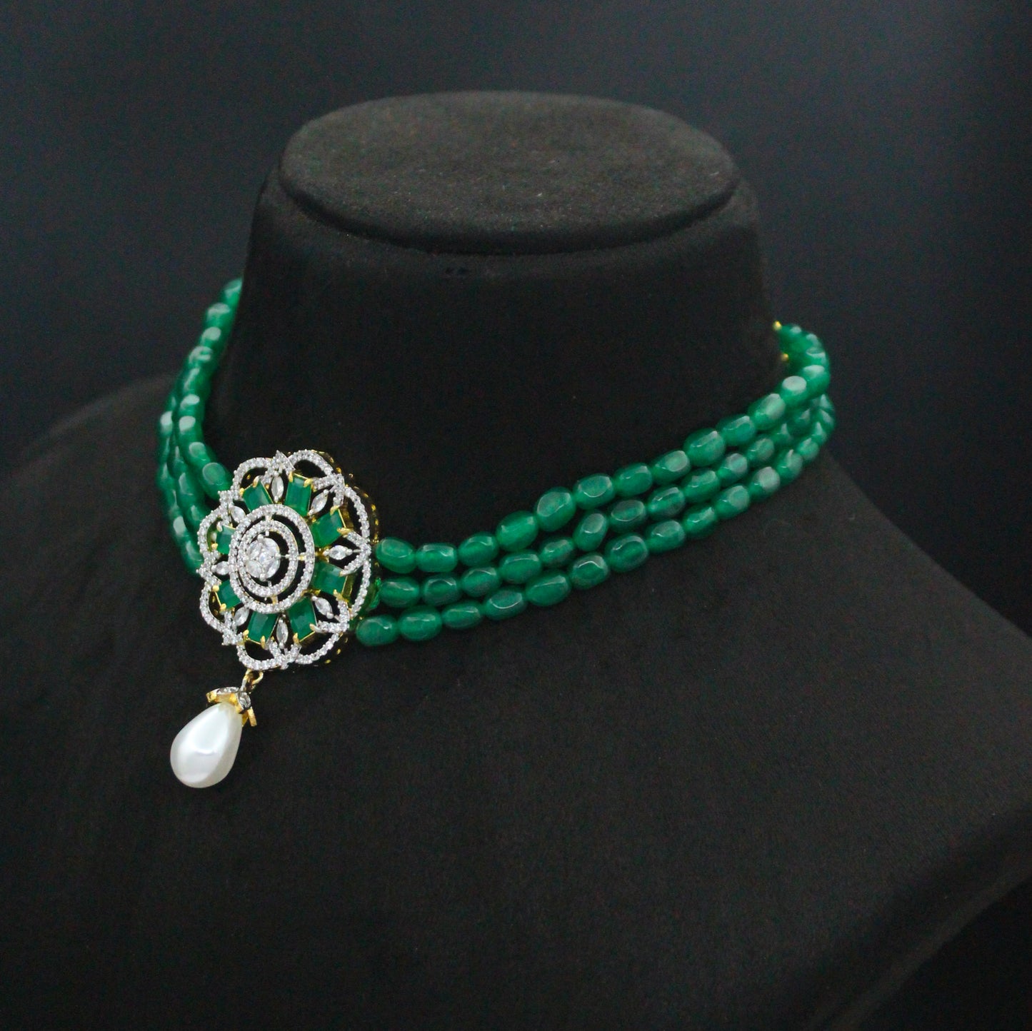 42805 3 Lines Green Beads Choker With Diamond Look Green Pendant Set