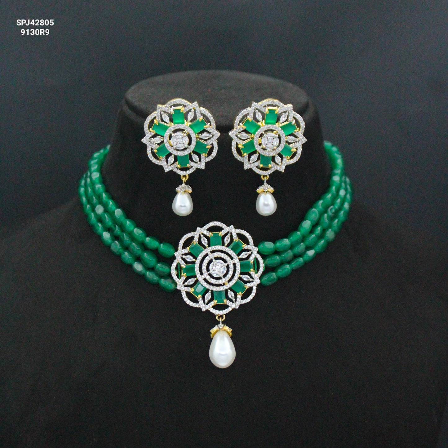 42805 3 Lines Green Beads Choker With Diamond Look Green Pendant Set