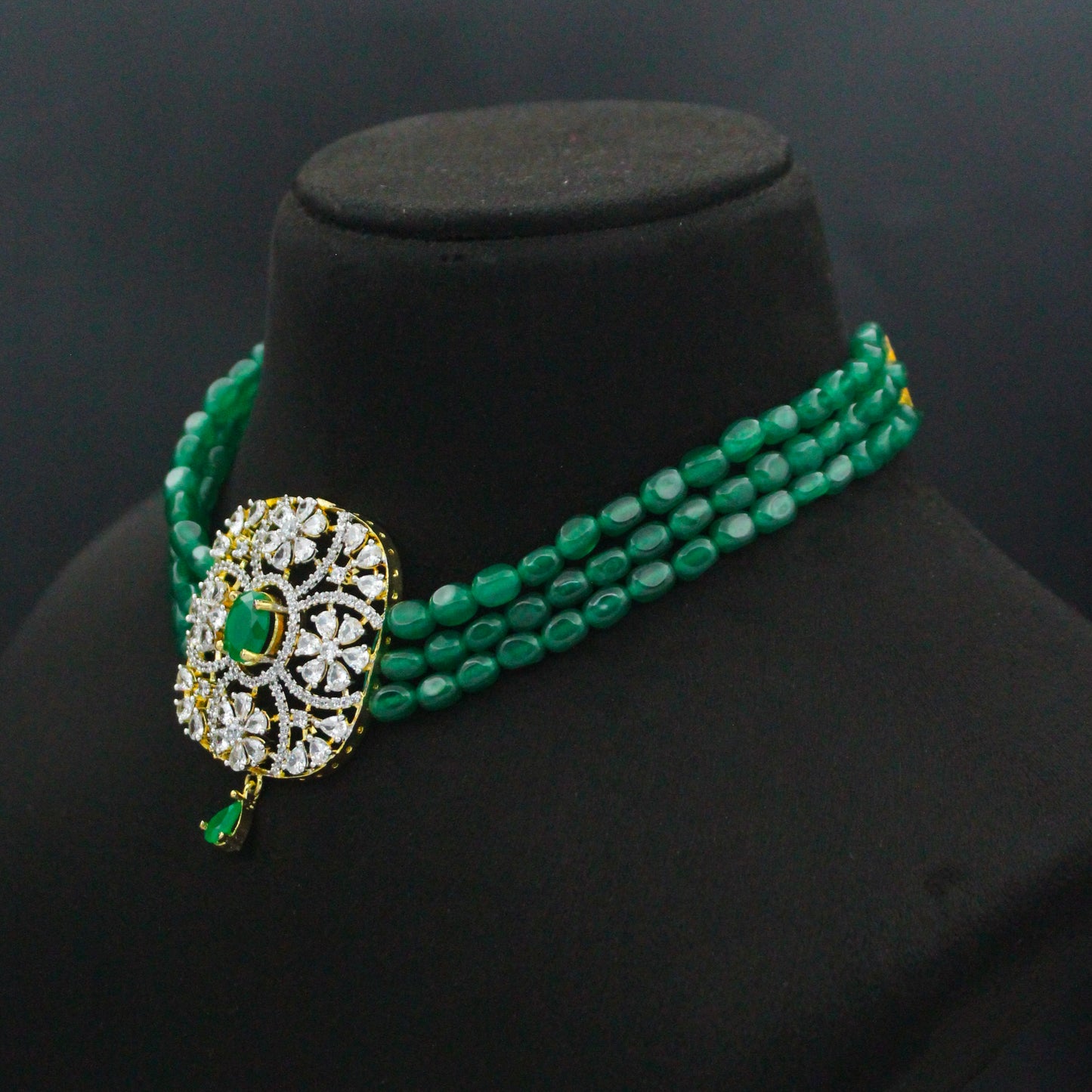 42806 3 Lines Green Beads Choker With GJ Pendant Set