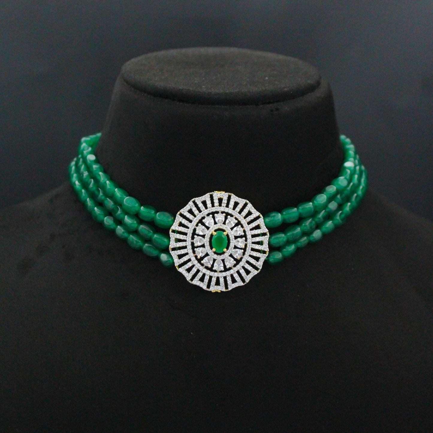 42808 3 Lines Green Beads Choker With GJ Green Pendant Set