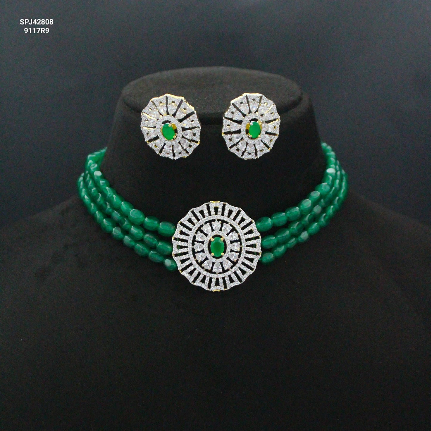 42808 3 Lines Green Beads Choker With GJ Green Pendant Set