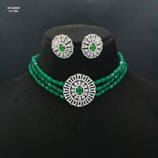 42808 3 Lines Green Beads Choker With GJ Green Pendant Set