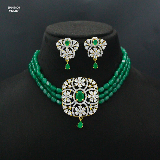 42806 3 Lines Green Beads Choker With GJ Pendant Set