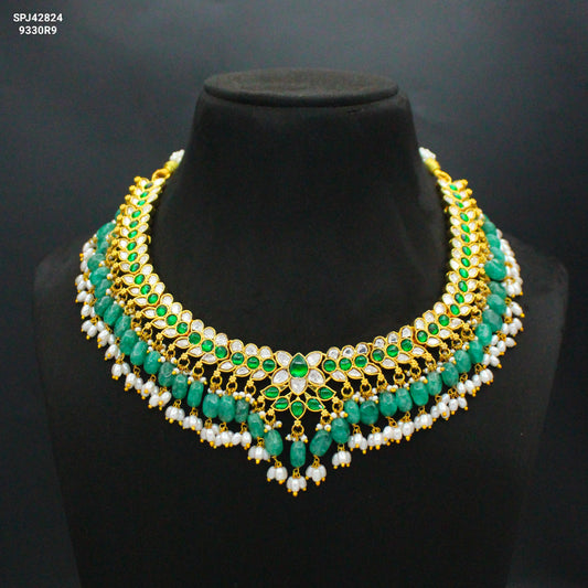 Elegant Jadau Kundan Green & White Lotus Short Necklace Set With Green Beads and Pearls 42824