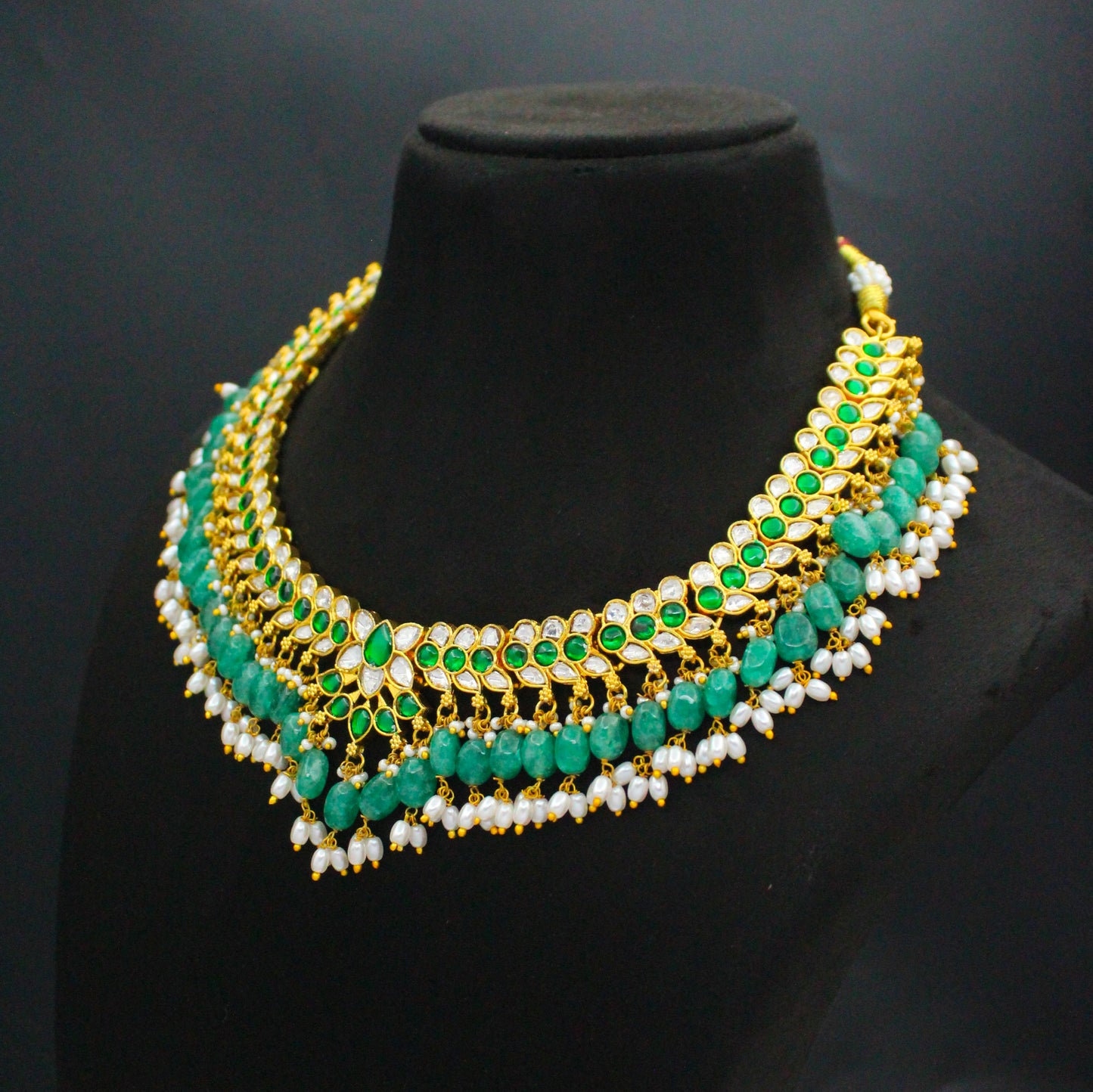Jadau Kundan Green & White Lotus Short Necklace With Green Beads and Pearls 42824