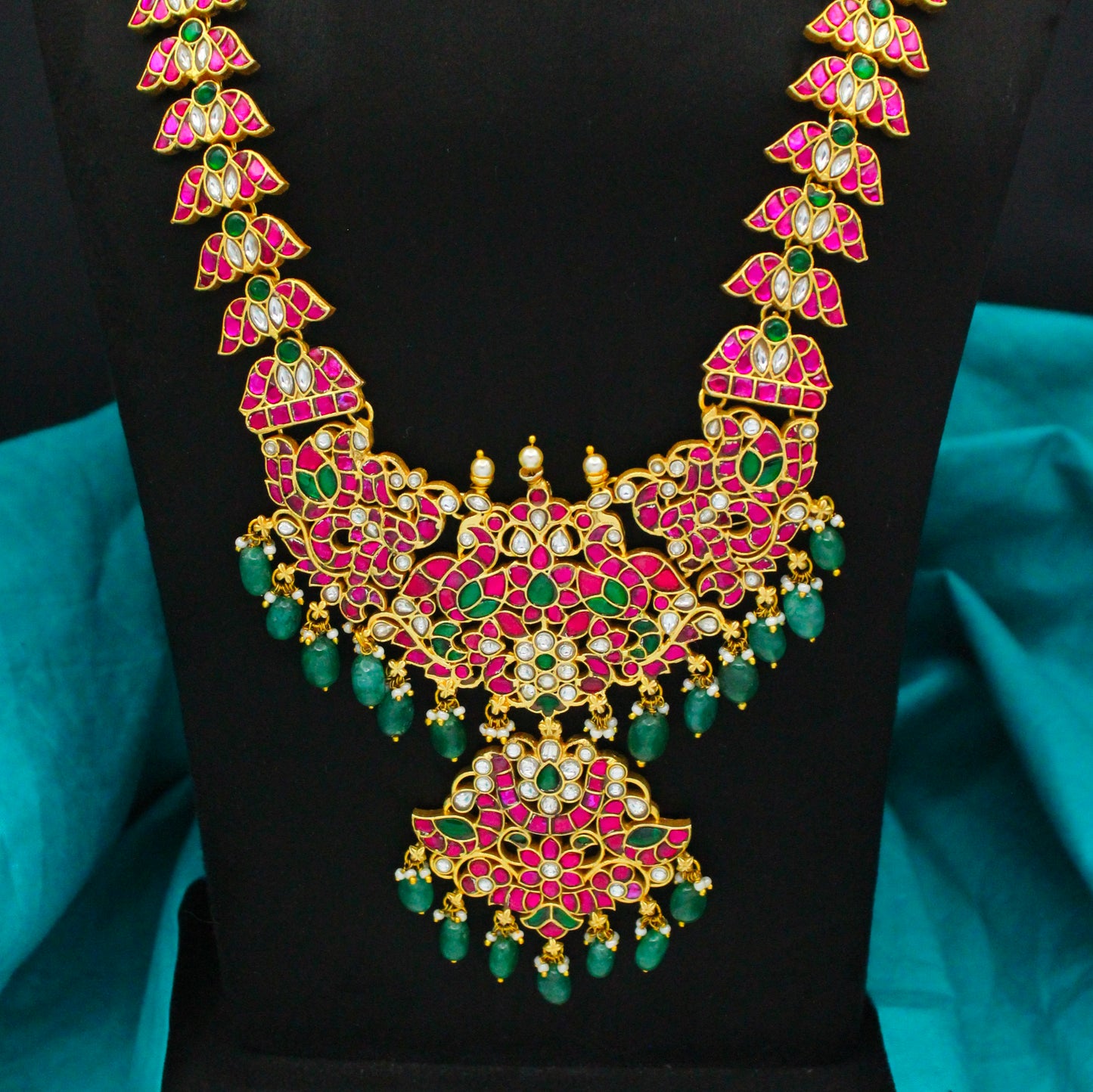 Jadau Kundan Multi Long Peacock Necklace With Green Beads 42823