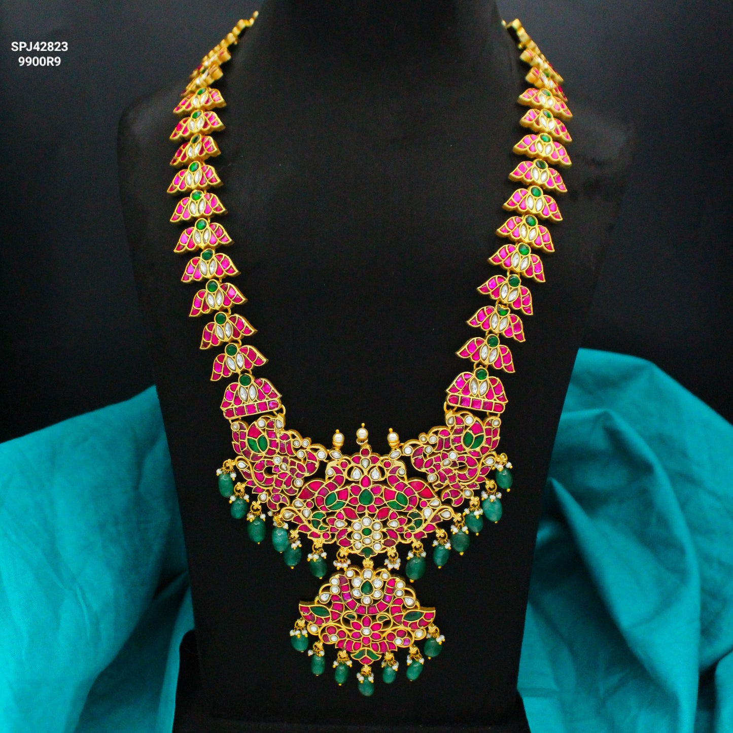 Jadau Kundan Multi Long Peacock Necklace With Green Beads 42823