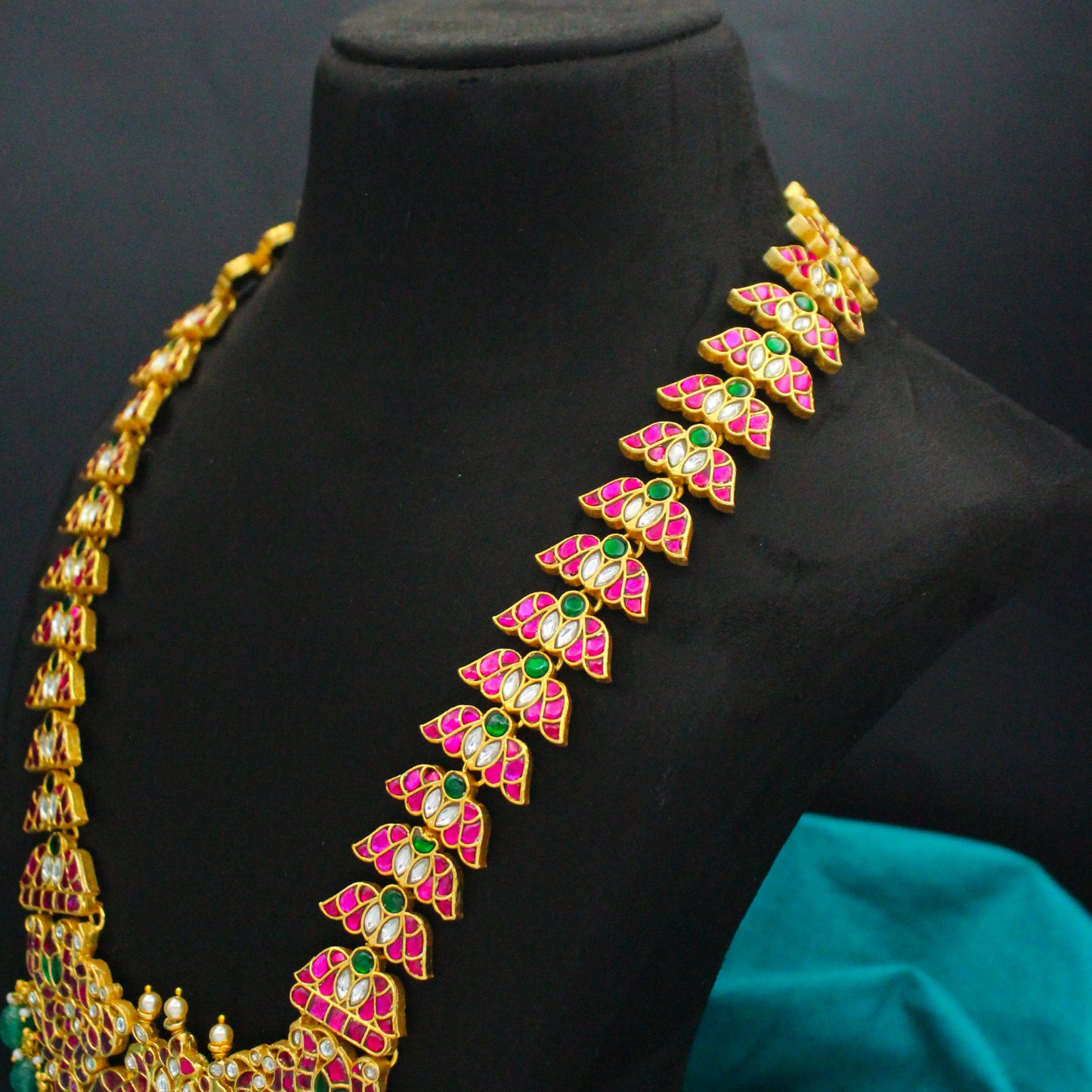 Jadau Kundan Multi Long Peacock Necklace With Green Beads 42823