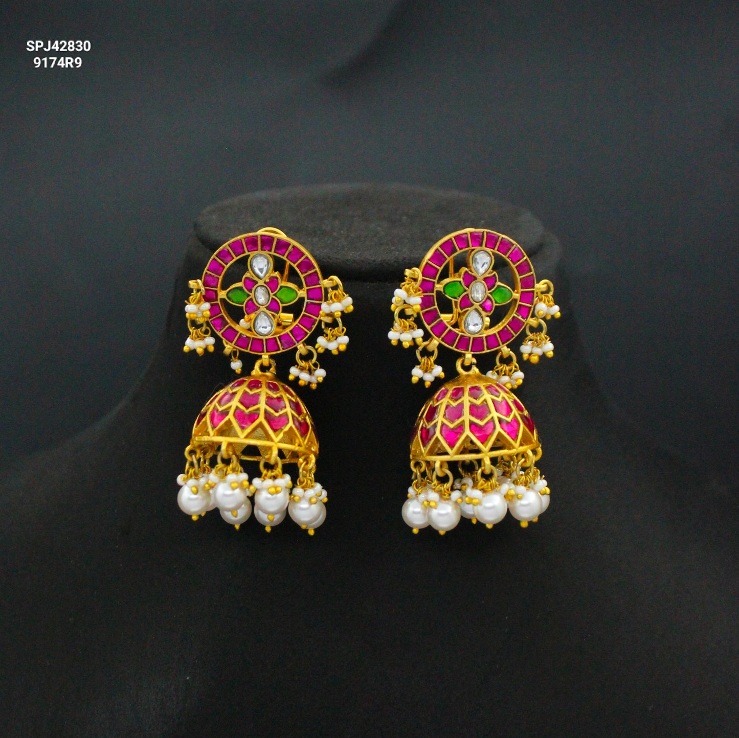 42380 Jadau Kundan Multi Jhumki With Screw back Earrings and White Pearls