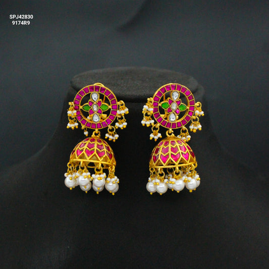 Jadau Kundan Multi Jhumki With Screw back Earrings and White Pearls 42380