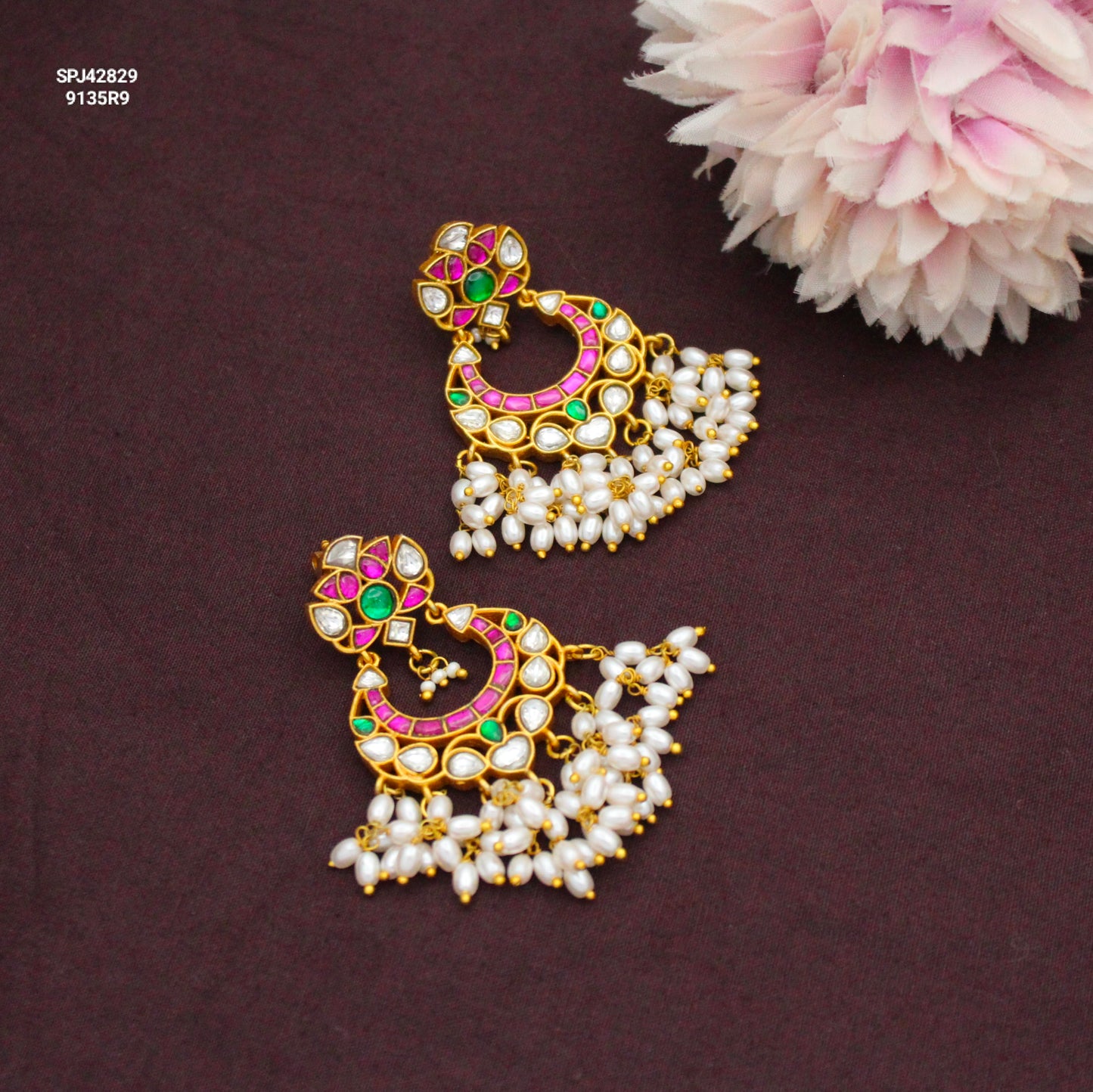 42829 Jadau Kundan Multi Chandbali With White Pearls & Screw Back