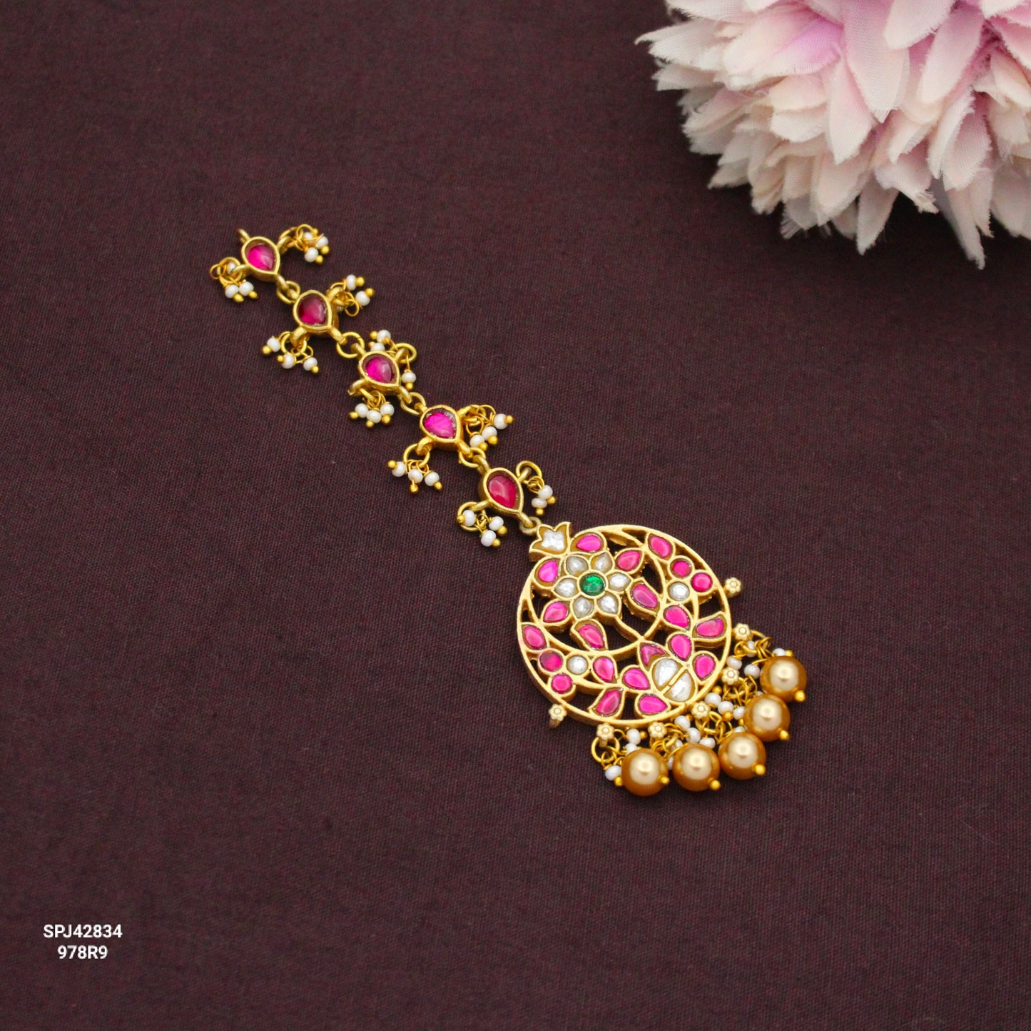 42834 Jadau Kundan Multi  Maangtikka With Golden Balls