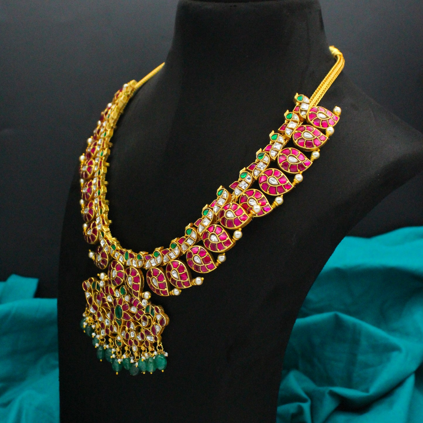 42835 Jadau Kundan Multi Mango Short Necklace With Green Beads