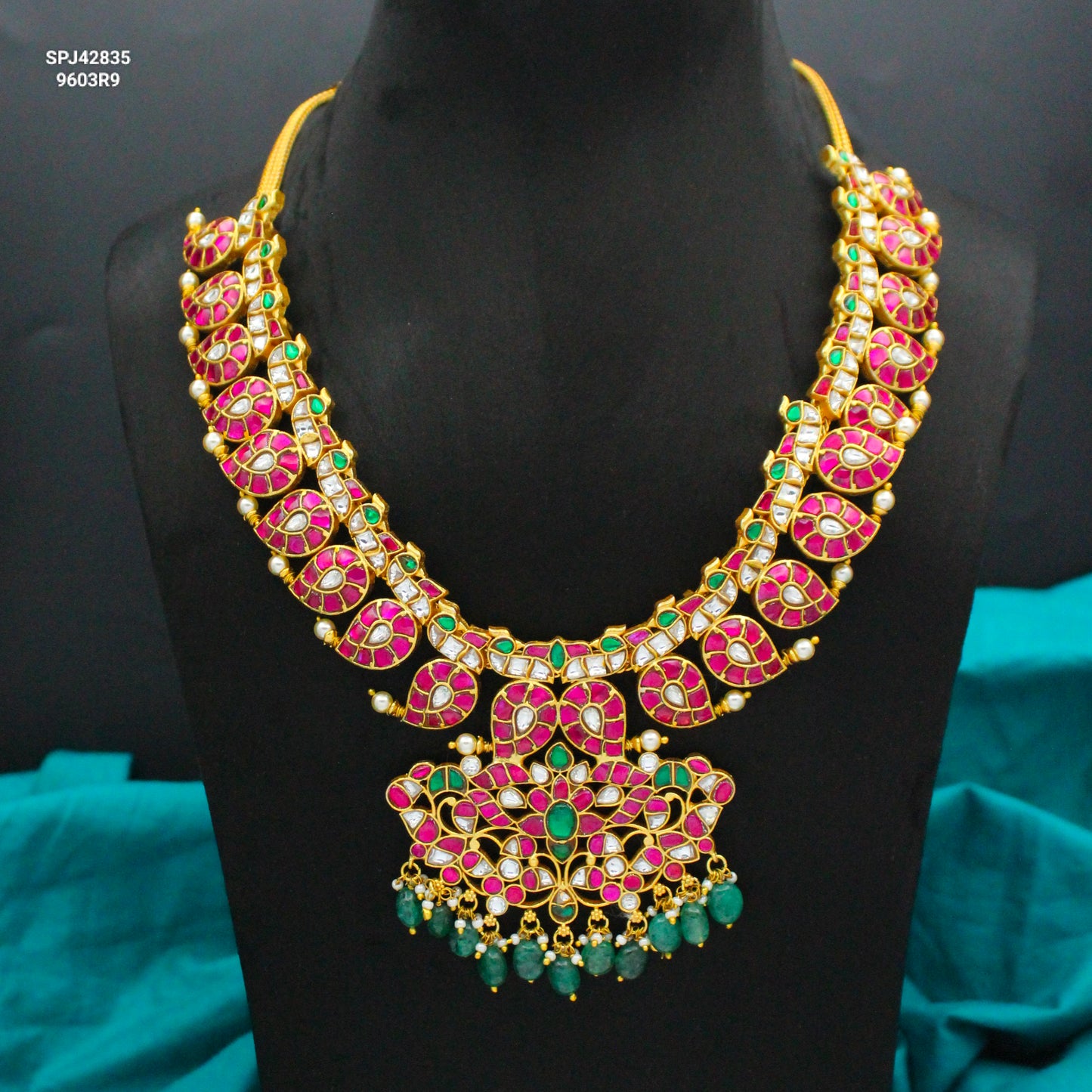 42835 Jadau Kundan Multi Mango Short Necklace With Green Beads