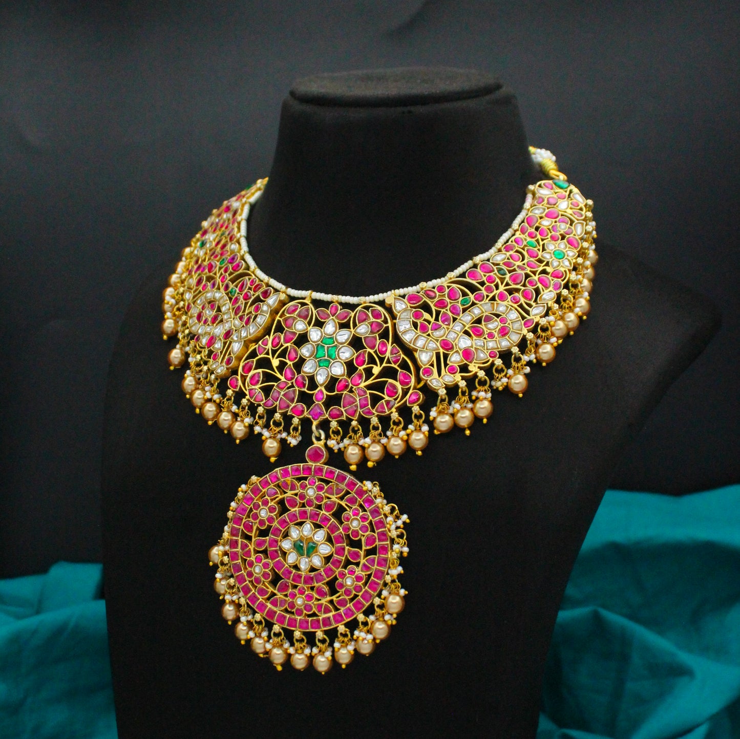 42827 Jadau Kundan Broad Multi Short Necklace With Golden Balls