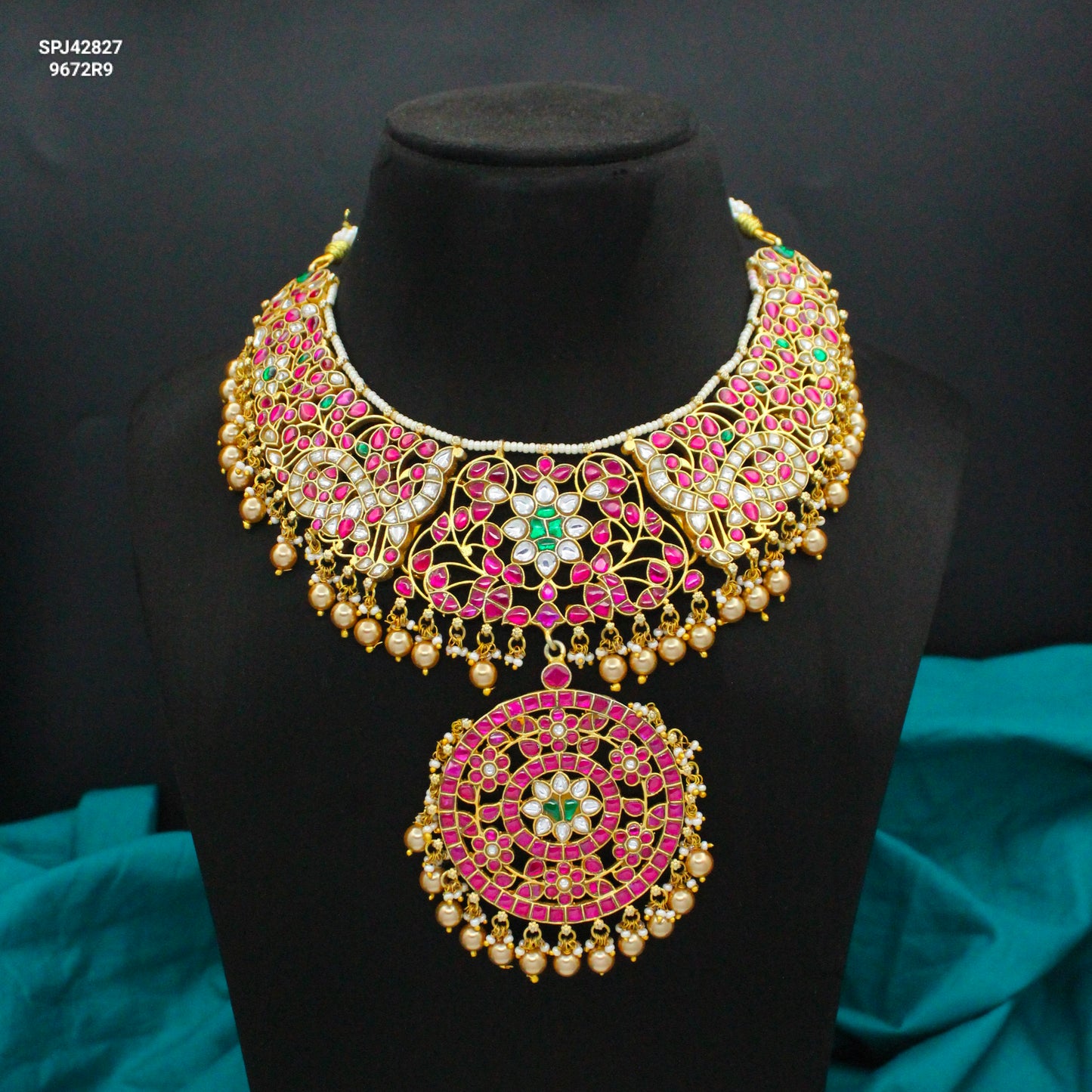 42827 Jadau Kundan Broad Multi Short Necklace With Golden Balls