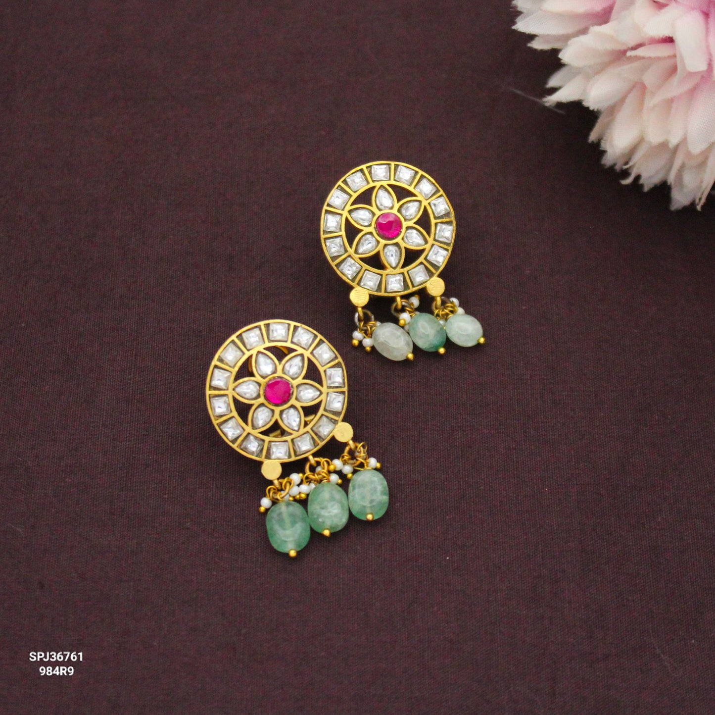 36761 Jadau Kundan Red & White Small Studs With Screw Back and Green Beads