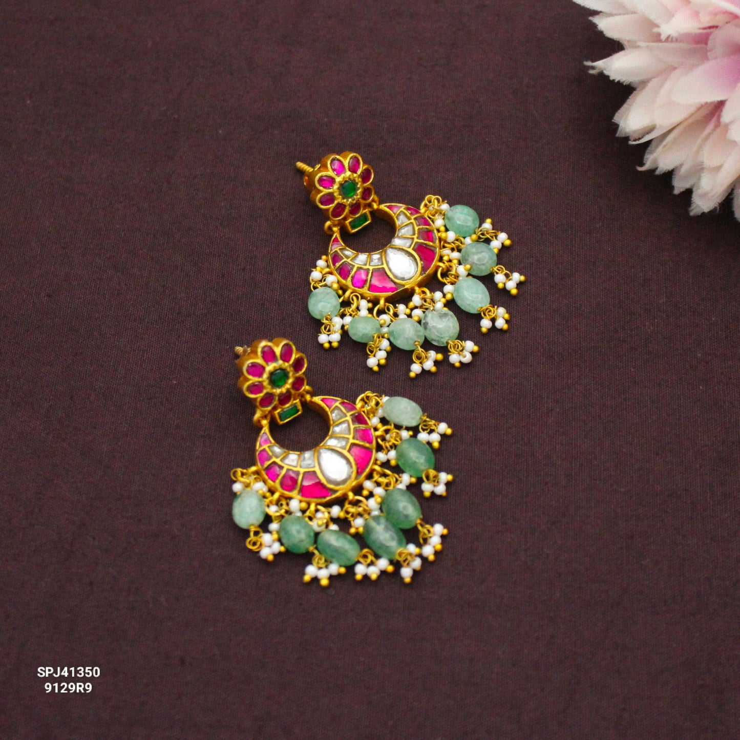 41350 Jadau Kundan Floral Multi Chandbali With Screw Back and Green Beads