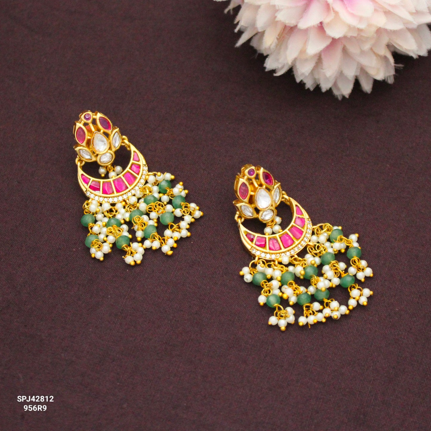 42812 Jadau Kundan Red Chandbali With Push Back
