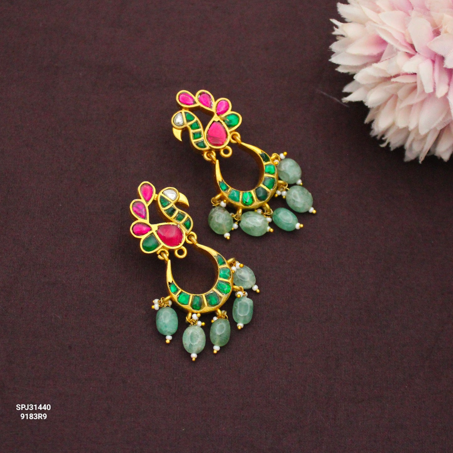 Jadau Kundan Peacock Chandbali Multi With Screw Back and Green Beads 31440