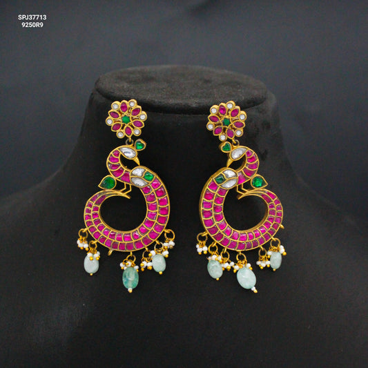 Jadau Kundan Multi Peacock Big Earrings With Screwback Back And Mint Green Beads 37713