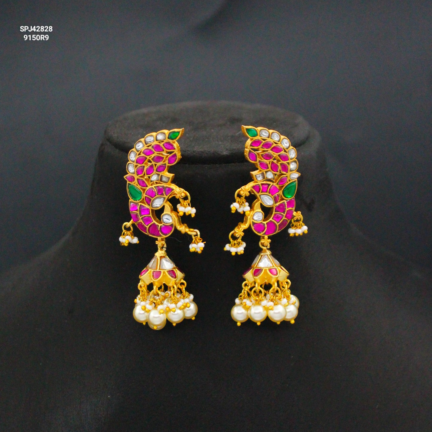 42828 Jadau Kundan Multi Peacock Jhumki With Screw Back and White Pearls