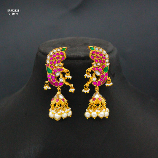 Jadau Kundan Multi Peacock Jhumki With Screw Back and White Pearls 42828