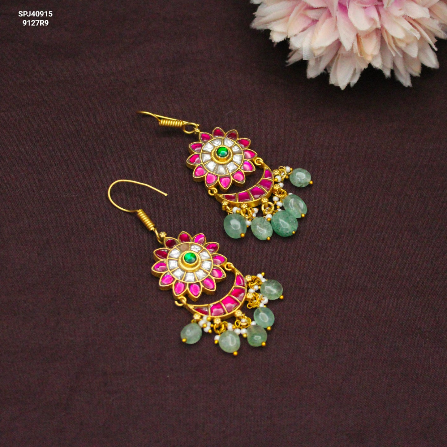 Jadau Kundan Multi Chandbali With Green Beads 40915