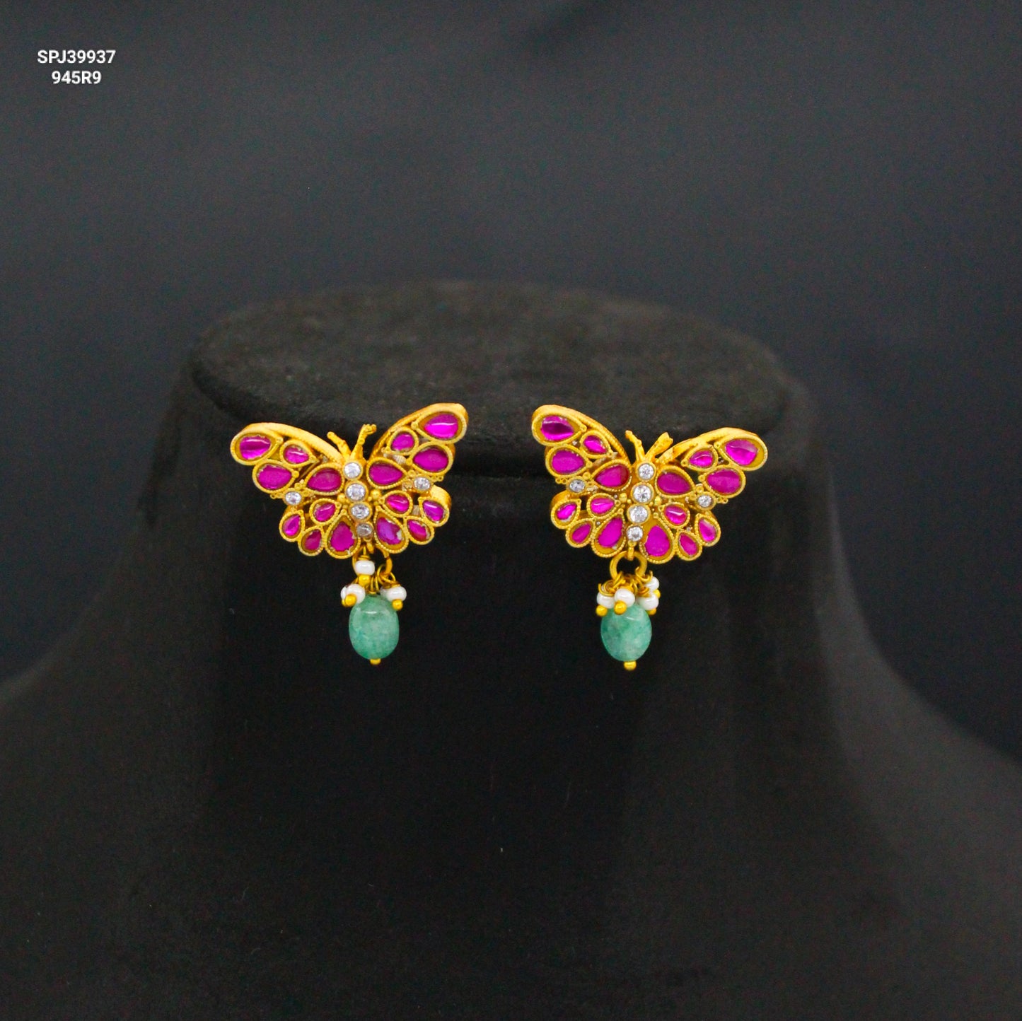 Jadau Kundan Butterfly Earrings with Green Beads & Screwback SP-39937